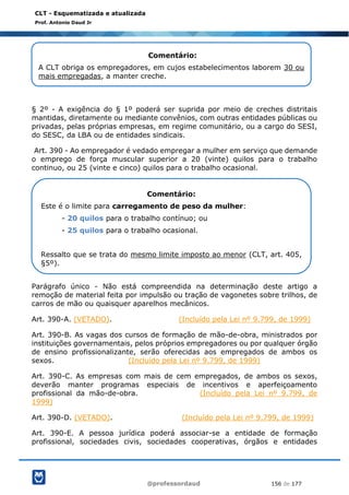 @professordaud 156 de 177
CLT - Esquematizada e atualizada
Prof. Antonio Daud Jr
§ 2º - A exigência do § 1º poderá ser suprida por meio de creches distritais
mantidas, diretamente ou mediante convênios, com outras entidades públicas ou
privadas, pelas próprias empresas, em regime comunitário, ou a cargo do SESI,
do SESC, da LBA ou de entidades sindicais.
Art. 390 - Ao empregador é vedado empregar a mulher em serviço que demande
o emprego de força muscular superior a 20 (vinte) quilos para o trabalho
continuo, ou 25 (vinte e cinco) quilos para o trabalho ocasional.
Parágrafo único - Não está compreendida na determinação deste artigo a
remoção de material feita por impulsão ou tração de vagonetes sobre trilhos, de
carros de mão ou quaisquer aparelhos mecânicos.
Art. 390-A. (VETADO). (Incluído pela Lei nº 9.799, de 1999)
Art. 390-B. As vagas dos cursos de formação de mão-de-obra, ministrados por
instituições governamentais, pelos próprios empregadores ou por qualquer órgão
de ensino profissionalizante, serão oferecidas aos empregados de ambos os
sexos. (Incluído pela Lei nº 9.799, de 1999)
Art. 390-C. As empresas com mais de cem empregados, de ambos os sexos,
deverão manter programas especiais de incentivos e aperfeiçoamento
profissional da mão-de-obra. (Incluído pela Lei nº 9.799, de
1999)
Art. 390-D. (VETADO). (Incluído pela Lei nº 9.799, de 1999)
Art. 390-E. A pessoa jurídica poderá associar-se a entidade de formação
profissional, sociedades civis, sociedades cooperativas, órgãos e entidades
Comentário:
A CLT obriga os empregadores, em cujos estabelecimentos laborem 30 ou
mais empregadas, a manter creche.
Comentário:
Este é o limite para carregamento de peso da mulher:
- 20 quilos para o trabalho contínuo; ou
- 25 quilos para o trabalho ocasional.
Ressalto que se trata do mesmo limite imposto ao menor (CLT, art. 405,
§5º).
 