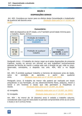 @professordaud 164 de 177
CLT - Esquematizada e atualizada
Prof. Antonio Daud Jr
SEÇÃO I
DISPOSIÇÕES GERAIS
Art. 402. Considera-se menor para os efeitos desta Consolidação o trabalhador
de quatorze até dezoito anos (Redação dada pela Lei nº 10.097, de
2000)
Parágrafo único - O trabalho do menor reger-se-á pelas disposições do presente
Capítulo, exceto no serviço em oficinas em que trabalhem exclusivamente
pessoas da família do menor e esteja este sob a direção do pai, mãe ou tutor,
observado, entretanto, o disposto nos arts. 404, 405 e na Seção
II.
Art. 403. É proibido qualquer trabalho a menores de dezesseis anos de idade,
salvo na condição de aprendiz, a partir dos quatorze
anos. (Redação dada pela Lei nº 10.097, de 2000)
Parágrafo único. O trabalho do menor não poderá ser realizado em locais
prejudiciais à sua formação, ao seu desenvolvimento físico, psíquico, moral e
social e em horários e locais que não permitam a freqüência à
escola. (Redação dada pela Lei nº 10.097, de 2000)
a) revogada; (Redação dada pela Lei nº 10.097, de 2000)
b) revogada. (Redação dada pela Lei nº 10.097, de 2000)
Art. 404 - Ao menor de 18 (dezoito) anos é vedado o trabalho noturno,
considerado este o que for executado no período compreendido entre as 22 (vinte
e duas) e as 5 (cinco) horas.
Comentário:
Além do dispositivo da CF citado, a CLT também prevê idade mínima para
o trabalho. Assim, temos:
Menor
de 18
anos
»»
Proibição de trabalho
noturno, perigoso ou
insalubre
Menor
de 16
anos
»»
Proibição de qualquer
trabalho
»
»
Exceção:
aprendiz, a partir
dos 14 anos
 