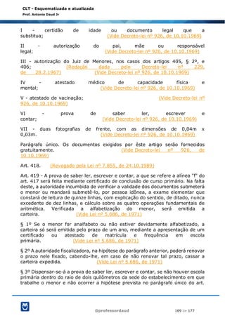 @professordaud 169 de 177
CLT - Esquematizada e atualizada
Prof. Antonio Daud Jr
I - certidão de idade ou documento legal que a
substitua; (Vide Decreto-lei nº 926, de 10.10.1969)
II - autorização do pai, mãe ou responsável
legal; (Vide Decreto-lei nº 926, de 10.10.1969)
III - autorização do Juiz de Menores, nos casos dos artigos 405, § 2º, e
406; (Redação dada pelo Decreto-lei nº 229,
de 28.2.1967) (Vide Decreto-lei nº 926, de 10.10.1969)
IV - atestado médico de capacidade física e
mental; (Vide Decreto-lei nº 926, de 10.10.1969)
V - atestado de vacinação; (Vide Decreto-lei nº
926, de 10.10.1969)
VI - prova de saber ler, escrever e
contar; (Vide Decreto-lei nº 926, de 10.10.1969)
VII - duas fotografias de frente, com as dimensões de 0,04m x
0,03m. (Vide Decreto-lei nº 926, de 10.10.1969)
Parágrafo único. Os documentos exigidos por êste artigo serão fornecidos
gratuitamente. (Vide Decreto-lei nº 926, de
10.10.1969)
Art. 418. (Revogado pela Lei nº 7.855, de 24.10.1989)
Art. 419 - A prova de saber ler, escrever e contar, a que se refere a alínea "f" do
art. 417 será feita mediante certificado de conclusão de curso primário. Na falta
deste, a autoridade incumbida de verificar a validade dos documentos submeterá
o menor ou mandará submetê-lo, por pessoa idônea, a exame elementar que
constará de leitura de quinze linhas, com explicação do sentido, de ditado, nunca
excedente de dez linhas, e cálculo sobre as quatro operações fundamentais de
aritmética. Verificada a alfabetização do menor, será emitida a
carteira. (Vide Lei nº 5.686, de 1971)
§ 1º Se o menor for analfabeto ou não estiver devidamente alfabetizado, a
carteira só será emitida pelo prazo de um ano, mediante a apresentação de um
certificado ou atestado de matrícula e frequência em escola
primária. (Vide Lei nº 5.686, de 1971)
§ 2º A autoridade fiscalizadora, na hipótese do parágrafo anterior, poderá renovar
o prazo nele fixado, cabendo-lhe, em caso de não renovar tal prazo, cassar a
carteira expedida. (Vide Lei nº 5.686, de 1971)
§ 3º Dispensar-se-á a prova de saber ler, escrever e contar, se não houver escola
primária dentro do raio de dois quilômetros da sede do estabelecimento em que
trabalhe o menor e não ocorrer a hipótese prevista no parágrafo único do art.
 