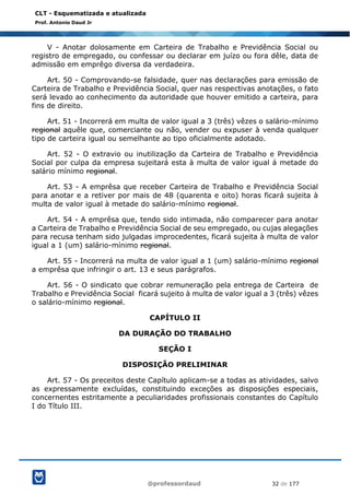 @professordaud 32 de 177
CLT - Esquematizada e atualizada
Prof. Antonio Daud Jr
V - Anotar dolosamente em Carteira de Trabalho e Previdência Social ou
registro de empregado, ou confessar ou declarar em juízo ou fora dêle, data de
admissão em emprêgo diversa da verdadeira.
Art. 50 - Comprovando-se falsidade, quer nas declarações para emissão de
Carteira de Trabalho e Previdência Social, quer nas respectivas anotações, o fato
será levado ao conhecimento da autoridade que houver emitido a carteira, para
fins de direito.
Art. 51 - Incorrerá em multa de valor igual a 3 (três) vêzes o salário-mínimo
regional aquêle que, comerciante ou não, vender ou expuser à venda qualquer
tipo de carteira igual ou semelhante ao tipo oficialmente adotado.
Art. 52 - O extravio ou inutilização da Carteira de Trabalho e Previdência
Social por culpa da empresa sujeitará esta à multa de valor igual á metade do
salário mínimo regional.
Art. 53 - A emprêsa que receber Carteira de Trabalho e Previdência Social
para anotar e a retiver por mais de 48 (quarenta e oito) horas ficará sujeita à
multa de valor igual à metade do salário-mínimo regional.
Art. 54 - A emprêsa que, tendo sido intimada, não comparecer para anotar
a Carteira de Trabalho e Previdência Social de seu empregado, ou cujas alegações
para recusa tenham sido julgadas improcedentes, ficará sujeita à multa de valor
igual a 1 (um) salário-mínimo regional.
Art. 55 - Incorrerá na multa de valor igual a 1 (um) salário-mínimo regional
a emprêsa que infringir o art. 13 e seus parágrafos.
Art. 56 - O sindicato que cobrar remuneração pela entrega de Carteira de
Trabalho e Previdência Social ficará sujeito à multa de valor igual a 3 (três) vêzes
o salário-mínimo regional.
CAPÍTULO II
DA DURAÇÃO DO TRABALHO
SEÇÃO I
DISPOSIÇÃO PRELIMINAR
Art. 57 - Os preceitos deste Capítulo aplicam-se a todas as atividades, salvo
as expressamente excluídas, constituindo exceções as disposições especiais,
concernentes estritamente a peculiaridades profissionais constantes do Capítulo
I do Título III.
 