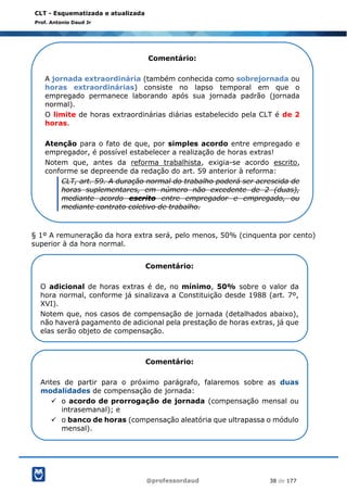 @professordaud 38 de 177
CLT - Esquematizada e atualizada
Prof. Antonio Daud Jr
§ 1º A remuneração da hora extra será, pelo menos, 50% (cinquenta por cento)
superior à da hora normal.
Comentário:
A jornada extraordinária (também conhecida como sobrejornada ou
horas extraordinárias) consiste no lapso temporal em que o
empregado permanece laborando após sua jornada padrão (jornada
normal).
O limite de horas extraordinárias diárias estabelecido pela CLT é de 2
horas.
Atenção para o fato de que, por simples acordo entre empregado e
empregador, é possível estabelecer a realização de horas extras!
Notem que, antes da reforma trabalhista, exigia-se acordo escrito,
conforme se depreende da redação do art. 59 anterior à reforma:
CLT, art. 59. A duração normal do trabalho poderá ser acrescida de
horas suplementares, em número não excedente de 2 (duas),
mediante acordo escrito entre empregador e empregado, ou
mediante contrato coletivo de trabalho.
Comentário:
O adicional de horas extras é de, no mínimo, 50% sobre o valor da
hora normal, conforme já sinalizava a Constituição desde 1988 (art. 7º,
XVI).
Notem que, nos casos de compensação de jornada (detalhados abaixo),
não haverá pagamento de adicional pela prestação de horas extras, já que
elas serão objeto de compensação.
Comentário:
Antes de partir para o próximo parágrafo, falaremos sobre as duas
modalidades de compensação de jornada:
✓ o acordo de prorrogação de jornada (compensação mensal ou
intrasemanal); e
✓ o banco de horas (compensação aleatória que ultrapassa o módulo
mensal).
 