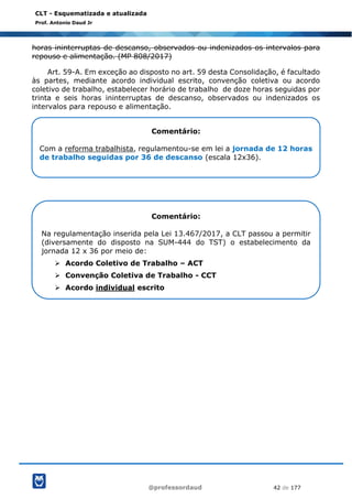 @professordaud 42 de 177
CLT - Esquematizada e atualizada
Prof. Antonio Daud Jr
horas ininterruptas de descanso, observados ou indenizados os intervalos para
repouso e alimentação. (MP 808/2017)
Art. 59-A. Em exceção ao disposto no art. 59 desta Consolidação, é facultado
às partes, mediante acordo individual escrito, convenção coletiva ou acordo
coletivo de trabalho, estabelecer horário de trabalho de doze horas seguidas por
trinta e seis horas ininterruptas de descanso, observados ou indenizados os
intervalos para repouso e alimentação.
Comentário:
Com a reforma trabalhista, regulamentou-se em lei a jornada de 12 horas
de trabalho seguidas por 36 de descanso (escala 12x36).
Comentário:
Na regulamentação inserida pela Lei 13.467/2017, a CLT passou a permitir
(diversamente do disposto na SUM-444 do TST) o estabelecimento da
jornada 12 x 36 por meio de:
➢ Acordo Coletivo de Trabalho – ACT
➢ Convenção Coletiva de Trabalho - CCT
➢ Acordo individual escrito
 