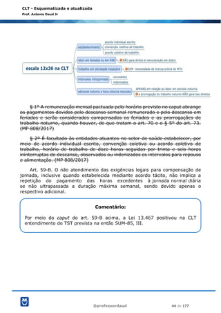 @professordaud 44 de 177
CLT - Esquematizada e atualizada
Prof. Antonio Daud Jr
§ 1º A remuneração mensal pactuada pelo horário previsto no caput abrange
os pagamentos devidos pelo descanso semanal remunerado e pelo descanso em
feriados e serão considerados compensados os feriados e as prorrogações de
trabalho noturno, quando houver, de que tratam o art. 70 e o § 5º do art. 73.
(MP 808/2017)
§ 2º É facultado às entidades atuantes no setor de saúde estabelecer, por
meio de acordo individual escrito, convenção coletiva ou acordo coletivo de
trabalho, horário de trabalho de doze horas seguidas por trinta e seis horas
ininterruptas de descanso, observados ou indenizados os intervalos para repouso
e alimentação. (MP 808/2017)
Art. 59-B. O não atendimento das exigências legais para compensação de
jornada, inclusive quando estabelecida mediante acordo tácito, não implica a
repetição do pagamento das horas excedentes à jornada normal diária
se não ultrapassada a duração máxima semanal, sendo devido apenas o
respectivo adicional.
Comentário:
Por meio do caput do art. 59-B acima, a Lei 13.467 positivou na CLT
entendimento do TST previsto na então SUM-85, III.
 