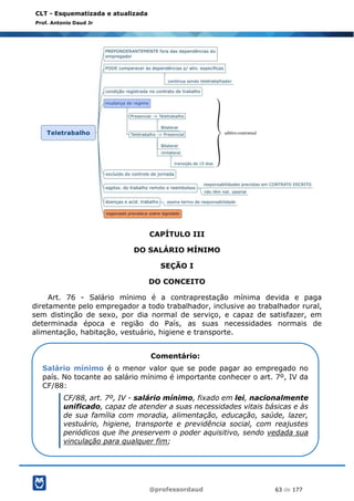 @professordaud 63 de 177
CLT - Esquematizada e atualizada
Prof. Antonio Daud Jr
CAPÍTULO III
DO SALÁRIO MÍNIMO
SEÇÃO I
DO CONCEITO
Art. 76 - Salário mínimo é a contraprestação mínima devida e paga
diretamente pelo empregador a todo trabalhador, inclusive ao trabalhador rural,
sem distinção de sexo, por dia normal de serviço, e capaz de satisfazer, em
determinada época e região do País, as suas necessidades normais de
alimentação, habitação, vestuário, higiene e transporte.
Comentário:
Salário mínimo é o menor valor que se pode pagar ao empregado no
país. No tocante ao salário mínimo é importante conhecer o art. 7º, IV da
CF/88:
CF/88, art. 7º, IV - salário mínimo, fixado em lei, nacionalmente
unificado, capaz de atender a suas necessidades vitais básicas e às
de sua família com moradia, alimentação, educação, saúde, lazer,
vestuário, higiene, transporte e previdência social, com reajustes
periódicos que lhe preservem o poder aquisitivo, sendo vedada sua
vinculação para qualquer fim;
 