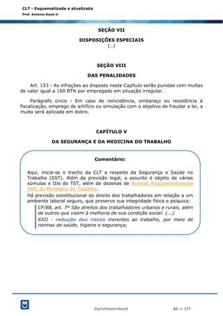 @professordaud 84 de 177
CLT - Esquematizada e atualizada
Prof. Antonio Daud Jr
SEÇÃO VII
DISPOSIÇÕES ESPECIAIS
(..)
SEÇÃO VIII
DAS PENALIDADES
Art. 153 - As infrações ao disposto neste Capítulo serão punidas com multas
de valor igual a 160 BTN por empregado em situação irregular.
Parágrafo único - Em caso de reincidência, embaraço ou resistência à
fiscalização, emprego de artifício ou simulação com o objetivo de fraudar a lei, a
multa será aplicada em dobro.
CAPÍTULO V
DA SEGURANÇA E DA MEDICINA DO TRABALHO
Comentário:
Aqui, inicia-se o trecho da CLT a respeito da Segurança e Saúde no
Trabalho (SST). Além da previsão legal, o assunto é objeto de várias
súmulas e OJs do TST, além de dezenas de Normas Regulamentadoras
(NR) do Ministério do Trabalho.
Há previsão constitucional do direito dos trabalhadores em relação a um
ambiente laboral seguro, que preserve sua integridade física e psíquica:
CF/88, art. 7º São direitos dos trabalhadores urbanos e rurais, além
de outros que visem à melhoria de sua condição social: (...)
XXII - redução dos riscos inerentes ao trabalho, por meio de
normas de saúde, higiene e segurança;
 