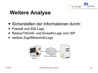 Weitere Analyse
          Sicherstellen der Informationen durch:
          Firewall und IDS-Logs
          Radius/TACAS- und Einwahl-Logs vom ISP
          weitere Zugriffskontroll-Logs




17.02.08                   Onlinedurchsuchung - Forensik   22
 