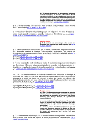 § 1o A validade do contrato de aprendizagem pressupõe
                                          anotação na Carteira de Trabalho e Previdência Social,
                                          matrícula e freqüência do aprendiz à escola, caso não haja
                                          concluído o ensino fundamental, e inscrição em programa
                                          de aprendizagem desenvolvido sob a orientação de
                                          entidade qualificada em formação técnico-profissional
                                          metódica. (Incluído pela Lei nº 10.097, de 19.12.2000)

   o
§ 2 Ao menor aprendiz, salvo condição mais favorável, será garantido o salário mínimo
hora.. (Incluído pela Lei nº 10.097, de 19.12.2000)

§ 3o O contrato de aprendizagem não poderá ser estipulado por mais de 2 (dois)
anos, exceto quando se tratar de aprendiz portador de deficiência. Alterado pela LEI Nº
11.788 - DE 25 DE SETEMBRO DE 2008 – DOU DE 26/9/2008



                                          Redação anterior
                                          § 3o O contrato de aprendizagem não poderá ser
                                          estipulado por mais de dois anos.. (Incluído pela Lei nº
                                          10.097, de 19.12.2000)

   o
§ 4 A formação técnico-profissional a que se refere o caput deste artigo caracteriza-se
por atividades teóricas e práticas, metodicamente organizadas em tarefas de
complexidade progressiva desenvolvidas no ambiente de trabalho.. (Incluído pela Lei nº
10.097, de 19.12.2000)
   o
§ 5 (Vide Medida Provisória nº 251, de 2005)
   o
§ 6 (Vide Medida Provisória nº 251, de 2005)

§ 7o Nas localidades onde não houver oferta de ensino médio para o cumprimento
do disposto no § 1o deste artigo, a contratação do aprendiz poderá ocorrer sem a
freqüência à escola, desde que ele já tenha concluído o ensino fundamental. Incluído
pela LEI Nº 11.788 - DE 25 DE SETEMBRO DE 2008 – DOU DE 26/9/2008



Art. 429. Os estabelecimentos de qualquer natureza são obrigados a empregar e
matricular nos cursos dos Serviços Nacionais de Aprendizagem número de aprendizes
equivalente a cinco por cento, no mínimo, e quinze por cento, no máximo, dos
trabalhadores existentes em cada estabelecimento, cujas funções demandem formação
profissional.(Redação dada pela Lei nº 10.097, de 19.12.2000)

a) revogada; (Redação dada pela Lei nº 10.097, de 19.12.2000)
b) revogada. (Redação dada pela Lei nº 10.097, de 19.12.2000)

                                          Redação anterior
                                          Art. 429 - Os estabelecimentos industriais de qualquer
                                          natureza, inclusive de transportes, comunicações e pesca,
                                          são obrigados a empregar, e matricular nos cursos
                                          mantidos pelo Serviço Nacional de Aprendizagem
                                          Industrial (SENAI):

                                          a) um número de aprendizes equivalente a 5% (cinco por
                                          cento) no mínimo dos operários existentes em cada
                                          estabelecimento, e cujos ofícios demandem formação
                                          profissional;
                                          b) e ainda um número de trabalhadores menores que será
                                          fixado pelo Conselho Nacional do SENAI, e que não
                                          excederá a 3% (três por cento) do total de empregadores
                                          de todas as categorias em serviço em cada
                                          estabelecimento.
   o
§ 1 -A. O limite fixado neste artigo não se aplica quando o empregador for entidade sem
fins lucrativos, que tenha por objetivo a educação profissional. (Incluído pela Lei nº
10.097, de 19.12.2000)
 