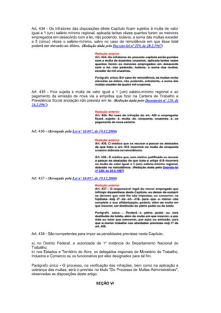 Art. 434 - Os infratores das disposições dêste Capítulo ficam sujeitos à multa de valor
igual a 1 (um) salário mínimo regional, aplicada tantas vêzes quantos forem os menores
empregados em desacôrdo com a lei, não podendo, todavia, a soma das multas exceder
a 5 (cinco) vêzes o salário-mínimo, salvo no caso de reincidência em que êsse total
poderá ser elevado ao dôbro. (Redação dada pelo Decreto-lei nº 229, de 28.2.1967)

                                        Redação anterior
                                        Art. 434. Os infratores do presente capítulo serão punidos
                                        com a multa de duzentos cruzeiros, aplicada tantas vezes
                                        quantos forem os menores empregados em desacordo
                                        com a lei, não podendo, todavia, a soma das multas,
                                        exceder de mil cruzeiros.

                                        Parágrafo único. Em caso de reincidência, as multas serão
                                        elevadas ao dobro, não podendo, entretanto, a soma das
                                        multas exceder de quatro mil cruzeiros.

Art. 435 - Fica sujeita à multa de valor igual a 1 (um) salário-mínimo regional e ao
pagamento da emissão de nova via a emprêsa que fizer na Carteira de Trabalho e
Previdência Social anotação não prevista em lei. (Redação dada pelo Decreto-lei nº 229, de
28.2.1967)
                                        Redação anterior
                                        Art. 435. No caso de infração do art. 423 o empregador
                                        ficará sujeito à multa de cinquenta cruzeiros e ao
                                        pagamento de nova carteira.


Art. 436 - (Revogado pela Lei nº 10.097, de 19.12.2000)

                                        Redação anterior
                                        Art. 436. O médico que se recusar a passar os atestados
                                        de que trata o art. 418 incorrerá na multa de cinquenta
                                        cruzeiro dobrada na reincidência.

                                        Art. 436 - O médico que, sem motivo justificado se recusar
                                        a passar os atestadas de que trata o artigo 418 incorrerá
                                        na multa de valor igual a 1 (um) salário-mínimo regional,
                                        dobrada na reincidência. (Redação dada pelo Decreto-lei
                                        nº 229, de 28.2.1967)

Art. 437 - (Revogado pela Lei nº 10.097, de 19.12.2000)
                                        Redação anterior
                                        Art. 437 - O responsável legal do menor empregado que
                                        infringir dispositivos deste Capítulo, ou deixar de cumprir
                                        os deveres que nele lhe são impostos, ou concorrer, na
                                        hipótese do§ 2º do art. 419, para que o menor não
                                        complete a sua alfabetização, poderá, além da multa em
                                        que incorrer, ser destituído do pátrio poder ou da tutela

                                        Parágrafo único - Perderá o pátrio poder ou será
                                        destituído da tutela, além da multa em que incorrer, o pai,
                                        mãe ou tutor que concorrer, por ação ou omissão, para
                                        que o menor trabalhe nas atividades previstas no§ 1º do
                                        art. 405.

Art. 438 - São competentes para impor as penalidades previstas neste Capítulo:

a) no Distrito Federal, a autoridade de 1ª instância do Departamento Nacional do
Trabalho;
b) nos Estados e Território do Acre, os delegados regionais do Ministério do Trabalho,
Industria e Comercio ou os funcionários por eles designados para tal fim.

Parágrafo único - O processo, na verificação das infrações, bem como na aplicação e
cobrança das multas, será o previsto no título "Do Processo de Multas Administrativas",
observadas as disposições deste artigo.

                                         SEÇÃO VI
 