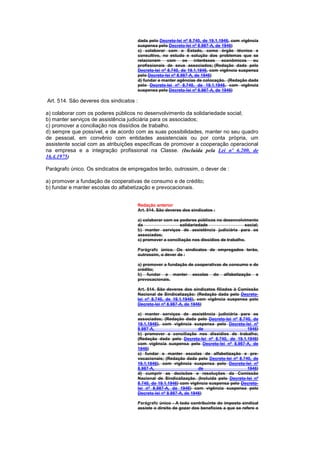 dada pelo Decreto-lei nº 8.740, de 19.1.1946, com vigência
                                     suspensa pelo Decreto-lei nº 8.987-A, de 1946)
                                     c) colaborar com o Estado, como órgão técnico e
                                     consultivo, no estudo e solução dos problemas que se
                                     relacionem com os interêsses econômicos ou
                                     profissionais de seus associados; (Redação dada pelo
                                     Decreto-lei nº 8.740, de 19.1.1946, com vigência suspensa
                                     pelo Decreto-lei nº 8.987-A, de 1946)
                                     d) fundar e manter agências de colocação. (Redação dada
                                     pelo Decreto-lei nº 8.740, de 19.1.1946, com vigência
                                     suspensa pelo Decreto-lei nº 8.987-A, de 1946)

Art. 514. São deveres dos sindicatos :

a) colaborar com os poderes públicos no desenvolvimento da solidariedade social;
b) manter serviços de assistência judiciária para os associados;
c) promover a conciliação nos dissídios de trabalho.
d) sempre que possível, e de acordo com as suas possibilidades, manter no seu quadro
de pessoal, em convênio com entidades assistenciais ou por conta própria, um
assistente social com as atribuições específicas de promover a cooperação operacional
na empresa e a integração profissional na Classe. (Incluída pela Lei nº 6.200, de
16.4.1975)

Parágrafo único. Os sindicatos de empregados terão, outrossim, o dever de :

a) promover a fundação de cooperativas de consumo e de crédito;
b) fundar e manter escolas do alfabetização e prevocacionais.


                                     Redação anterior
                                     Art. 514. São deveres dos sindicatos :

                                     a) colaborar com os poderes públicos no desenvolvimento
                                     da                  solidariedade                   social;
                                     b) manter serviços de assistência judiciária para os
                                     associados;
                                     c) promover a conciliação nos dissídios de trabalho.

                                     Parágrafo único. Os sindicatos de empregados terão,
                                     outrossim, o dever de :

                                     a) promover a fundação de cooperativas de consumo e de
                                     crédito;
                                     b) fundar e manter escolas do alfabetização e
                                     prevocacionais.

                                     Art. 514. São deveres dos sindicatos filiados à Comissão
                                     Nacional de Sindicalização: (Redação dada pelo Decreto-
                                     lei nº 8.740, de 19.1.1946), com vigência suspensa pelo
                                     Decreto-lei nº 8.987-A, de 1946)

                                     a) manter serviços de assistência judiciária para os
                                     associados; (Redação dada pelo Decreto-lei nº 8.740, de
                                     19.1.1946), com vigência suspensa pelo Decreto-lei nº
                                     8.987-A,                      de                   1946)
                                     b) promover a conciliação nos dissídios de trabalho;
                                     (Redação dada pelo Decreto-lei nº 8.740, de 19.1.1946)
                                     com vigência suspensa pelo Decreto-lei nº 8.987-A, de
                                     1946)
                                     c) fundar e manter escolas de alfabetização e pre-
                                     vocacionais; (Redação dada pelo Decreto-lei nº 8.740, de
                                     19.1.1946), com vigência suspensa pelo Decreto-lei nº
                                     8.987-A,                      de                   1946)
                                     d) cumprir as decisões e resoluções da Comissão
                                     Nacional de Sindicalização. (Incluída pelo Decreto-lei nº
                                     8.740, de 19.1.1946) com vigência suspensa pelo Decreto-
                                     lei nº 8.987-A, de 1946) com vigência suspensa pelo
                                     Decreto-lei nº 8.987-A, de 1946)

                                     Parágrafo único - A todo contribuinte do imposto sindical
                                     assiste o direito de gozar dos benefícios a que se refere o
 