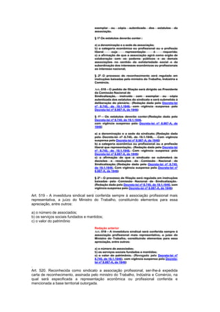 exemplar ou     cópia   autenticada   dos   estatutos   da
                                      associação.

                                      § 1º Os estatutos deverão conter :

                                      a) a denominação e a sede da associação;
                                      b) a categoria econômica ou profissional ou a profissão
                                      liberal     cuja      representação    é     requerida;
                                      c) a afirmação de que a associação agirá como orgão de
                                      colaboração com os poderes públicos e as demais
                                      associações no sentido da solidariedade social e da
                                      subordinação dos interesses econômicos ou profissionais
                                      ao interesse nacional;

                                      § 2º O processo de reconhecimento será regulado em
                                      instruções baixadas pelo ministro do Trabalho, Indústria e
                                      Comércio.

                                      Art. 518 - O pedido de filiação será dirigido ao Presidente
                                      da Comissão Nacional de
                                      Sindicalização, instruído com exemplar ou cópia
                                      autenticada dos estatutos do sindicato e será submetido à
                                      deliberação do plenário. (Redação dada pelo Decreto-lei
                                      nº 8.740, de 19.1.1946, com vigência suspensa pelo
                                      Decreto-lei nº 8.987-A, de 1946)

                                      § 1º - Os estatutos deverão conter:(Redação dada pelo
                                      Decreto-lei nº 8.740, de 19.1.1946,
                                      com vigência suspensa pelo Decreto-lei nº 8.987-A, de
                                      1946)

                                      a) a denominação e a sede da sindicato; (Redação dada
                                      pelo Decreto-lei nº 8.740, de 19.1.1946, Com vigência
                                      suspensa pelo Decreto-lei nº 8.987-A, de 1946)
                                      b) a categoria econômica ou profissional ou a profissão
                                      liberal que representação; (Redação dada pelo Decreto-lei
                                      nº 8.740, de 19.1.1946, Com vigência suspensa pelo
                                      Decreto-lei nº 8.987-A, de 1946)
                                      c) a afirmação de que o sindicato se submeterá às
                                      decisões e resoluções da Comissão Nacional de
                                      Sindicalização; (Redação dada pelo Decreto-lei nº 8.740,
                                      de 19.1.1946, Com vigência suspensa pelo Decreto-lei nº
                                      8.987-A, de 1946)

                                      § 2º - O processo de filiação será regulado em instruções
                                      baixadas pela Comissão Nacional de Sindicalização.
                                      (Redação dada pelo Decreto-lei nº 8.740, de 19.1.1946, com
                                      vigência suspensa pelo Decreto-lei nº 8.987-A, de 1946)

Art. 519 - A investidura sindical será conferida sempre à associação profissional mais
representativa, a juízo do Ministro do Trabalho, constituindo elementos para essa
apreciação, entre outros:

a) o número de associados;
b) os serviços sociais fundados e mantidos;
c) o valor do patrimônio
                                      Redação anterior
                                      Art. 519 - A investidura sindical será conferida sempre à
                                      associação profissional mais representativa, a juízo do
                                      Ministro do Trabalho, constituindo elementos para essa
                                      apreciação, entre outros:

                                      a) o número de associados;
                                      b) os serviços sociais fundados e mantidos;
                                      c) o valor do patrimônio. (Revogado pelo Decreto-lei nº
                                      8.740, de 19.1.1946), com vigência suspensa pelo Decreto-
                                      lei nº 8.987-A, de 1946)
.
Art. 520. Reconhecida como sindicato a associação profissional, ser-Ihe-á expedida
carta de reconhecimento, assinada pelo ministro do Trabalho, Indústria e Comércio, na
qual será especificada a representação econômica ou profissional conferida e
mencionada a base territorial outorgada.
 
