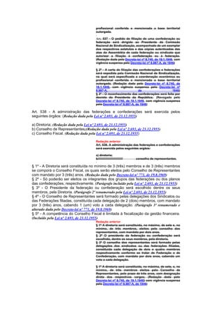 profissional conferida e mencionada a base territorial
                                      outorgada.

                                      Art. 537 - O pedido de filiação de uma confederação ou
                                      federação será dirigido ao Presidente da Comissão
                                      Nacional de Sindicalização, acompanhado de um exemplar
                                      dos respectivos estatutos e das cópias autenticadas das
                                      atas da Assembléia de cada federação ou sindicato que
                                      autorizar a filiação à confederação ou à federação.
                                      (Redação dada pelo Decreto-lei nº 8.740, de 19.1.1946, com
                                      vigência suspensa pelo Decreto-lei nº 8.987-A, de 1946)

                                      § 2º - A carta de filiação das confederações e federações
                                      será expedida pela Comissão Nacional de Sindicalização,
                                      na qual será especificada a coordenação econômica ou
                                      profissional conferida e mencionada a base territorial
                                      outorgada. (Redação dada pelo Decreto-lei nº 8.740, de
                                      19.1.1946, com vigência suspensa pelo Decreto-lei nº
                                      8.987-A,                       de                    1946)
                                      § 3º - O reconhecimento das confederações será feito por
                                      decreto do Presidente da República. (Revogado pelo
                                      Decreto-lei nº 8.740, de 19.1.1946, com vigência suspensa
                                      pelo Decreto-lei nº 8.987-A, de 1946)

Art. 538 - A administração das federações e confederações será exercida pelos
seguintes órgãos: (Redação dada pela Lei nº 2.693, de 23.12.1955)

a) Diretoria; (Redação dada pela Lei nº 2.693, de 23.12.1955)
b) Conselho de Representantes;(Redação dada pela Lei nº 2.693, de 23.12.1955)
c) Conselho Fiscal. (Redação dada pela Lei nº 2.693, de 23.12.1955)

                                      Redação anterior
                                      Art. 538. A administração das federações e confederações
                                      será exercida pelos seguintes orgãos:

                                      a) diretoria;
                                      b//////////////////////////////   conselho de representantes.

§ 1º - A Diretoria será constituída no mínimo de 3 (três) membros e de 3 (três) membros
se comporá o Conselho Fiscal, os quais serão eleitos pelo Conselho de Representantes
com mandato por 3 (três) anos. (Redação dada pelo Decreto-lei nº 771, de 19.8.1969)
§ 2º - Só poderão ser eleitos os integrantes dos grupos das federações ou dos planos
das confederações, respectivamente. (Parágrafo incluído pela Lei nº 2.693, de 23.12.1955)
§ 3º - O Presidente da federação ou confederação será escolhido dentre os seus
membros, pela Diretoria. (Parágrafo 2º renumerado pela Lei nº 2.693, de 23.12.1955)
§ 4º - O Conselho de Representantes será formado pelas delegações dos Sindicatos ou
das Federações filiadas, constituída cada delegação de 2 (dois) membros, com mandato
por 3 (três) anos, cabendo 1 (um) voto a cada delegação. (Parágrafo 3º renumerado e
alterado dada pelo Decreto-lei nº 771, de 19.8.1969)
§ 5º - A competência do Conselho Fiscal é limitada à fiscalização da gestão financeira.
(Incluído pela Lei nº 2.693, de 23.12.1955)
                                      Redação anterior
                                      § 1º A diretoria será constituida, no máximo, de sete e, no
                                      mínimo, de três membros, eleitos pelo conselho dos
                                      representantes, com mandato por dois anos.
                                      § 2º O presidente da federação ou confederação será
                                      escolhido, dentre os seus membros, pela diretoria.
                                      § 3º O conselho dos representantes será formado pelas
                                      delegações dos sindicatos ou das federações filiadas,
                                      constituida cada delegação de dois e quatro membros
                                      respectivamente conforme se tratar de Federação e de
                                      Confederação, com mandato por dois anos, cabendo um
                                      voto a cada delegação.

                                      § 1º A diretoria será constituída, no máxima, de sete, e, no
                                      mínimo, de três membros eleitos pelo Conselho de
                                      Representantes, pelo prazo de três anos, com designação
                                      direta dos respectivos cargos; (Redação dada pelo
                                      Decreto-lei nº 8.740, de 19.1.1946) com vigência suspensa
                                      pelo Decreto-lei nº 8.987-A, de 1946)
 