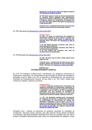 Decreto-lei nº 8.740, de 19.1.1946, com vigência suspensa
                                        pelo Decreto-lei nº 8.987-A, de 1946)

                                        Art. 567. Serão pagas em selos as taxas correspondentes
                                        às certidões anuais expedidas pelo Departamento
                                        Nacional do Trabalho, do Ministério do Trabalho; Indústria
                                        e Comércio, relativas ao cumprimento do disposto nos
                                        arts. 550 e 551 deste capítulo. (Revogado pelo Decreto-Lei
                                        nº 229, de 28.2.1967)

                                        Parágrafo único - O pagamento das taxas de que trata este
                                        artigo será acrescido de selo de Educação e Saúde.


Art. 568 -(Revogado pelo Decreto-Lei nº 229, de 28.2.1967)

                                        Redação anterior
                                        Art. 568 - As cartas de recolhimento dos sindicatos e
                                        associações sindicais de grau superior, expedida nos
                                        termos deste capítulo ficam sujeitas ao pagamento das
                                        seguintes taxas: (Revogado pelo Decreto-Lei nº 229, de
                                        28.2.1967)

                                        a) de Cr$ 200,00 (duzentos cruzeiros), pela carta de
                                        reconhecimento de Sindicato;
                                        b) de Cr$ 500,00 (quinhentos cruzeiros), pela carta de
                                        reconhecimento de Federação;
                                        c) de Cr$ 1.000,00 (mil cruzeiros), pela carta de
                                        reconhecimento de Confederação.

Art. 569-(Revogado pelo Decreto-Lei nº 229, de 28.2.1967)
                                        Art. 569 - As taxas a que se refere o artigo anterior serão
                                        pagas em selo.

                                        Parágrafo único - O pagamento das taxas de que trata o
                                        presente capítulo será acrescido do selo de Educação e
                                        Saúde. (Revogado pelo Decreto-Lei nº 229, de 28.2.1967)

                                   CAPÍTULO II
                           DO ENQUADRAMENTO SINDICAL

Art. 570. Os sindicatos constituir-se-ão, normalmente, por categorias econômicas ou
profissionais, eepecíficas, na conformidade da discriminação do quadro das atividades e
profissões a que se refere o art. 577 ou segundo ae subdivisões que, sob proposta da
Comissão do Enquadramento Sindical, de que trata o art. 576, forem criadas pelo
ministro do Trabalho, Indústria e Comércio.

                                        Redação anterior
                                        Art. 570. Os sindicatos constituir-se-ão, normalmente, por
                                        categorias econômicas ou profissionais, eepecíficas, na
                                        conformidade da discriminação do quadro das atividades
                                        e profissões a que se refere o art. 577 ou segundo ae
                                        subdivisões que, sob proposta da Comissão do
                                        Enquadramento Sindical, de que trata o art. 576, forem
                                        criadas pelo ministro do Trabalho, Indústria e Comércio.

                                        Art. 570 - Os Sindicatos constituir-se-ão, normalmente,
                                        por categorias econômicas ou profissionais, específicas,
                                        na conformidade da discriminação do Quadro das
                                        Atividades e Profissões a que se refere o art. 577, ou
                                        segundo as subdivisões que forem criadas pela Comissão
                                        Nacional de Sindicalização. (Redação dada pelo Decreto-
                                        lei nº 8.740, de 19.1.1946, com vigência suspensa pelo
                                        Decreto-lei nº 8.987-A, de 1946)


Parágrafo único - Quando os exercentes de quaisquer atividades ou profissões se
constituírem, seja pelo número reduzido, seja pela natureza mesma dessas atividades
ou profissões, seja pelas afinidades existentes entre elas, em condições tais que não se
possam sindicalizar eficientemente pelo critério de especificidade de categoria, é-lhes
 