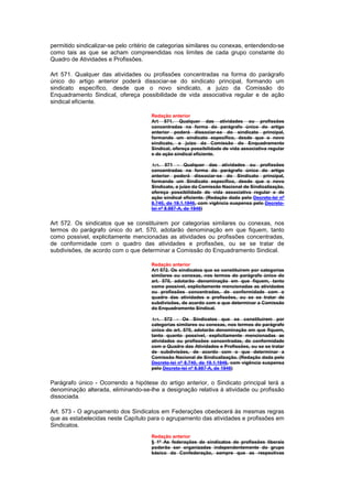 permitido sindicalizar-se pelo critério de categorias similares ou conexas, entendendo-se
como tais as que se acham compreendidas nos limites de cada grupo constante do
Quadro de Atividades e Profissões.

Art 571. Qualquer das atividades ou profissões concentradas na forma do parágrafo
único do artigo anterior poderá dissociar-se do sindicato principal, formando um
sindicato específico, desde que o novo sindicato, a juizo da Comissão do
Enquadramento Sindical, ofereça possibilidade de vida associativa regular e de ação
sindical eficiente.

                                      Redação anterior
                                      Art 571. Qualquer das atividades ou profissões
                                      concentradas na forma do parágrafo único do artigo
                                      anterior poderá dissociar-se do sindicato principal,
                                      formando um sindicato específico, desde que o novo
                                      sindicato, a juizo da Comissão do Enquadramento
                                      Sindical, ofereça possibilidade de vida associativa regular
                                      e de ação sindical eficiente.

                                      Art. 571 - Qualquer das atividades ou profissões
                                      concentradas na forma do parágrafo único do artigo
                                      anterior poderá dissociar-se do Sindicato principal,
                                      formando um Sindicato especifico, desde que o novo
                                      Sindicato, a juízo da Comissão Nacional de Sindicalização,
                                      ofereça possibilidade de vida associativa regular e de
                                      ação sindical eficiente. (Redação dada pelo Decreto-lei nº
                                      8.740, de 19.1.1946, com vigência suspensa pelo Decreto-
                                      lei nº 8.987-A, de 1946)


Art 572. Os sindicatos que se constituirem por categorias similares ou conexas, nos
termos do parágrafo único do art. 570, adotarão denominação em que fiquem, tanto
como possivel, explicitamente mencionadas as atividades ou profissões concentradas,
de conformidade com o quadro das atividades e profissões, ou se se tratar de
subdivisões, de acordo com o que determinar a Comissão do Enquadramento Sindical.

                                      Redação anterior
                                      Art 572. Os sindicatos que se constituirem por categorias
                                      similares ou conexas, nos termos do parágrafo único do
                                      art. 570, adotarão denominação em que fiquem, tanto
                                      como possivel, explicitamente mencionadas as atividades
                                      ou profissões concentradas, de conformidade com o
                                      quadro das atividades e profissões, ou se se tratar de
                                      subdivisões, de acordo com o que determinar a Comissão
                                      do Enquadramento Sindical.

                                      Art. 572 - Os Sindicatos que se constituírem por
                                      categorias similares ou conexas, nos termos do parágrafo
                                      único do art. 570, adotarão denominação em que fiquem,
                                      tanto quanto possível, explicitamente mencionadas as
                                      atividades ou profissões concentradas, de conformidade
                                      com o Quadro das Atividades e Profissões, ou se se tratar
                                      de subdivisões, de acordo com o que determinar a
                                      Comissão Nacional de Sindicalização. (Redação dada pelo
                                      Decreto-lei nº 8.740, de 19.1.1946, com vigência suspensa
                                      pelo Decreto-lei nº 8.987-A, de 1946)


Parágrafo único - Ocorrendo a hipótese do artigo anterior, o Sindicato principal terá a
denominação alterada, eliminando-se-lhe a designação relativa à atividade ou profissão
dissociada.

Art. 573 - O agrupamento dos Sindicatos em Federações obedecerá às mesmas regras
que as estabelecidas neste Capítulo para o agrupamento das atividades e profissões em
Sindicatos.
                                      Redação anterior
                                      § 1º As federações de sindicatos de profissões liberais
                                      poderão ser organizadas independentemente do grupo
                                      básico da Confederação, sempre que as respectivas
 