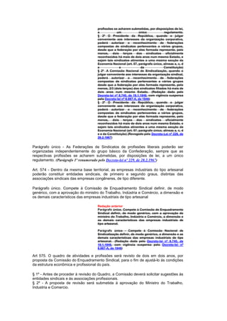 profissões se acharem submetidas, por disposições de lei,
                                     a            um              único             regulamento.
                                     § 2º O Presidente da República, quando o julgar
                                     conveniente aos interesses da organização corporativa,
                                     poderá autorizar o reconhecimento de federações
                                     compostas de sindicatos pertencentes a vários grupos,
                                     desde que a federação por eles formada represente, pelo
                                     menos, dois terços dos sindicatos oficialmente
                                     reconhecidos há mais de dois anos num mesmo Estado, e
                                     sejam tais sindicatos atinentes a uma mesma secção da
                                     Economia Nacional (art. 57, parágrafo único, alíneas a, c, d
                                     e              e              da              Constituição)
                                     § 2º A Comissão Nacional de Sindicalização, quando o
                                     julgar conveniente aos interesses da organização sindical,
                                     poderá autorizar o reconhecimento de federações
                                     compostas de sindicatos pertencentes a vários grupos
                                     desde que a federação por eles formada represente, pelo
                                     menos, 2/3 (dois terços) dos sindicatos filiados há mais de
                                     dois anos num mesmo Estado. (Redação dada pelo
                                     Decreto-lei nº 8.740, de 19.1.1946, com vigência suspensa
                                     pelo Decreto-lei nº 8.987-A, de 1946)
                                     § 2º O Presidente da República, quando o julgar
                                     conveniente aos interesses da organização corporativa,
                                     poderá autorizar o reconhecimento de federações
                                     compostas de sindicatos pertencentes a vários grupos,
                                     desde que a federação por eles formada represente, pelo
                                     menos, dois terços dos sindicatos oficialmente
                                     reconhecidos há mais de dois anos num mesmo Estado, e
                                     sejam tais sindicatos atinentes a uma mesma secção da
                                     Economia Nacional (art. 57, parágrafo único, alíneas a, c, d
                                     e e da Constituição) (Revogado pelo Decreto-Lei nº 229, de
                                     28.2.1967)


Parágrafo único - As Federações de Sindicatos de profissões liberais poderão ser
organizadas independentemente do grupo básico da Confederação, sempre que as
respectivas profissões se acharem submetidas, por disposições de lei, a um único
regulamento. (Parágrafo 1º renumerado pelo Decreto-lei nº 229, de 28.2.1967)

Art. 574 - Dentro da mesma base territorial, as empresas industriais do tipo artesanal
poderão constituir entidades sindicais, de primeiro e segundo graus, distintas das
associações sindicais das empresas congêneres, de tipo diferente.

Parágrafo único. Compete à Comissão de Enquadramento Sindical definir, de modo
genérico, com a aprovação do ministro do Trabalho, Indústria e Comércio, a dimensão e
os demais característicos das empresas industriais de tipo artesanal

                                     Redação anterior
                                     Parágrafo único. Compete à Comissão de Enquadramento
                                     Sindical definir, de modo genérico, com a aprovação do
                                     ministro do Trabalho, Indústria e Comércio, a dimensão e
                                     os demais característicos das empresas industriais de
                                     tipo artezanal.

                                     Parágrafo único - Compete à Comissão Nacional de
                                     Sindicalização definir, de modo genérico, a dimensão e as
                                     demais características das empresas industriais de tipo
                                     artesanal. (Redação dada pelo Decreto-lei nº 8.740, de
                                     19.1.1946, com vigência suspensa pelo Decreto-lei nº
                                     8.987-A, de 1946)

Art 575. O quadro de atividades e profissões será revisto de dois em dois anos, por
proposta da Comissão do Enquadramento Sindical, para o fim de ajustá-lo às condições
da estrutura econômica e profissional do país.

§ 1º - Antes de proceder à revisão do Quadro, a Comissão deverá solicitar sugestões às
entidades sindicais e às associações profissionais.
§ 2º - A proposta de revisão será submetida à aprovação do Ministro do Trabalho,
Industria e Comercio.
 
