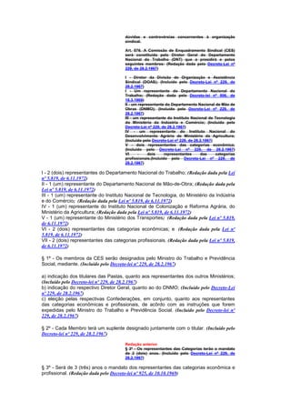 dúvidas e controvérsias concernentes à organização
                                       sindical.

                                       Art. 576. A Comissão de Enquadramento Sindical (CES)
                                       será constituída pelo Diretor Geral do Departamento
                                       Nacional do Trabalho (DNT) que a presidirá e pelos
                                       seguintes membros: (Redação dada pelo Decreto-Lei nº
                                       229, de 28.2.1967)

                                       I - Diretor da Divisão de Organização e Assistência
                                       Sindical (DOAS); (Incluído pelo Decreto-Lei nº 229, de
                                       28.2.1967)
                                       I - Um representante do Departamento Nacional do
                                       Trabalho; (Redação dada pelo Decreto-lei nº 506, de
                                       18.3.1969)
                                       II - um representante do Departamento Nacional de Mão de
                                       Obras (DNMO); (Incluído pelo Decreto-Lei nº 229, de
                                       28.2.1967)
                                       III - um representante do Instituto Nacional de Tecnologia
                                       do Ministério da Indústria e Comércio; (Incluído pelo
                                       Decreto-Lei nº 229, de 28.2.1967)
                                       IV - um representante do Instituto Nacional do
                                       Desenvolvimento Agrário de Ministério da Agricultura;
                                       (Incluído pelo Decreto-Lei nº 229, de 28.2.1967)
                                       V - dois representantes das categorias econômica;
                                       (Incluído pelo Decreto-Lei nº 229, de 28.2.1967)
                                       VI      -    dois     representantes     das     categorias
                                       profissionais.(Incluído pelo Decreto-Lei nº 229, de
                                       28.2.1967)

I - 2 (dois) representantes do Departamento Nacional do Trabalho; (Redação dada pela Lei
nº 5.819, de 6.11.1972)
II - 1 (um) representante do Departamento Nacional de Mão-de-Obra; (Redação dada pela
Lei nº 5.819, de 6.11.1972)
III - 1 (um) representante do Instituto Nacional de Tecnologia, do Ministério da Indústria
e do Comércio; (Redação dada pela Lei nº 5.819, de 6.11.1972)
IV - 1 (um) representante do Instituto Nacional de Colonização e Reforma Agrária, do
Ministério da Agricultura; (Redação dada pela Lei nº 5.819, de 6.11.1972)
V - 1 (um) representante do Ministério dos Transportes; (Redação dada pela Lei nº 5.819,
de 6.11.1972)
VI - 2 (dois) representantes das categorias econômicas; e (Redação dada pela Lei nº
5.819, de 6.11.1972)
VII - 2 (dois) representantes das categorias profissionais. (Redação dada pela Lei nº 5.819,
de 6.11.1972)

§ 1º - Os membros da CES serão designados pelo Ministro do Trabalho e Previdência
Social, mediante. (Incluído pelo Decreto-lei nº 229, de 28.2.1967)

a) indicação dos titulares das Pastas, quanto aos representantes dos outros Ministérios;
(Incluído pelo Decreto-lei nº 229, de 28.2.1967)
b) indicação do respectivo Diretor Geral, quanto ao do DNMO; (Incluído pelo Decreto-Lei
nº 229, de 28.2.1967)
c) eleição pelas respectivas Confederações, em conjunto, quanto aos representantes
das categorias econômicas e profissionais, de acôrdo com as instruções que forem
expedidas pelo Ministro do Trabalho e Previdência Social. (Incluído pelo Decreto-lei nº
229, de 28.2.1967)

§ 2º - Cada Membro terá um suplente designado juntamente com o titular. (Incluído pelo
Decreto-lei nº 229, de 28.2.1967)

                                       Redação anterior
                                       § 3º - Os representantes das Categorias terão o mandato
                                       de 2 (dois) anos. (Incluído pelo Decreto-Lei nº 229, de
                                       28.2.1967)

§ 3º - Será de 3 (três) anos o mandato dos representantes das categorias econômica e
profissional. (Redação dada pelo Decreto-lei nº 925, de 10.10.1969)
 