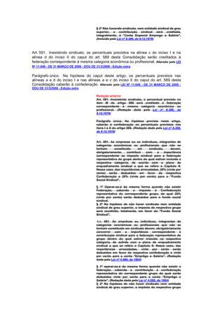 § 3º Não havendo sindicato, nem entidade sindical de grau
                                          superior, a contribuição sindical será creditada,
                                          integralmente, à "Conta Especial Emprego e Salário".
                                          (Incluído pela Lei nº 6.386, de 9.12.1976)



Art. 591. Inexistindo sindicato, os percentuais previstos na alínea c do inciso I e na
alínea d do inciso II do caput do art. 589 desta Consolidação serão creditados à
federação correspondente à mesma categoria econômica ou profissional. Alterado pela LEI
Nº 11.648 - DE 31 MARÇO DE 2008 - DOU DE 31/3/2008 - Edição extra


Parágrafo único. Na hipótese do caput deste artigo, os percentuais previstos nas
alíneas a e b do inciso I e nas alíneas a e c do inciso II do caput do art. 589 desta
Consolidação caberão à confederação. Alterado pela LEI Nº 11.648 - DE 31 MARÇO DE 2008 -
DOU DE 31/3/2008 - Edição extra

                                          Redação anterior
                                          Art. 591. Inexistindo sindicato, o percentual previsto no
                                          item III do artigo 589 será creditado à federação
                                          correspondente à mesma categoria econômica ou
                                          profissional. (Redação dada pela Lei nº 6.386, de
                                          9.12.1976)

                                          Parágrafo único. Na hipótese prevista neste artigo,
                                          caberão à confederação os percentuais previstos nos
                                          itens I e II do artigo 589. (Redação dada pela Lei nº 6.386,
                                          de 9.12.1976)


                                          Art. 591. As empresas ou os indivíduos, integrantes de
                                          categorias econômicas ou profissionais que não se
                                          tenham      constituído     em     sindicato,     devem,
                                          obrigatoriamente,    contribuir  com     a    importância
                                          correspondente ao imposto sindical para a federação
                                          representativa do grupo dentro do qual estiver incluida a
                                          respectiva categoria, de acordo com o plano de
                                          enquadramento sindical a que se refere o Capítulo II.
                                          Nesse caso, das importâncias arrecadadas, 20% (vinte por
                                          cento) serão deduzidos em favor da respectiva
                                          Confederação e 20% (vinte por cento) para o "Fundo
                                          Social Sindical".

                                          § 1º Operar-se-á da mesma forma quando não existir
                                          Federação, cabendo o imposto à Confederação
                                          representativa do correspondente grupo, do qual 20%
                                          (vinte por cento) serão deduzidos para o fundo social
                                          sindical.
                                          § 2º Na hipótese de não haver sindicato nem entidade
                                          sindical de grau superior, o imposto do respectivo grupo
                                          será recolhido, totalmente, em favor do "Fundo Social
                                          Sindical".

                                          Art. 591. As emprêsas ou indivíduos, integrantes de
                                          categorias econômicas ou profissionais que não se
                                          tenham constituído em sindicato devem, obrigatòriamente
                                          concorrer com a importância correspondente à
                                          contribuição sindical para a federação representativa do
                                          grupo dentro do qual estiver incluído na respectiva
                                          categoria, de acôrdo com o plano de enquadramento
                                          sindical a que se refere o Capítulo II. Nesse caso, das
                                          importâncias arrecadadas, vinte por cento serão
                                          deduzidos em favor da respectiva confederação e vinte
                                          por cento para a conta "Emprêgo e Salário". (Redação
                                          dada pela Lei nº 4.589, de 1964)

                                          § 1º operar-se-á da mesma forma quando não existir a
                                          federação, cabendo a contribuição à confederação
                                          representativa do correspondente grupo do qual serão
                                          deduzidos vinte por cento para a conta "Emprêgo e
                                          Salário". (Redação dada pela Lei nº 4.589, de 1964)
                                          § 2º Na hipótese de não haver sindicato nem entidade
                                          sindical de grau superior, o impôsto do respectivo grupo
 