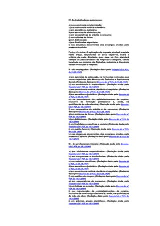 IV. De trabalhadores autônomos;

a) na assistência à maternidade;
b) na assistência médica e dentária;
c) em assistência judiciária;
d) em escolas de alfabetização;
e) em cooperativas de crédito e consumo;
f) em colônias de férias;
g) em bibliotecas;
h) em finalidades esportivas;
i) nas despesas decorrentes dos encargos criados pelo
presente capítulo.

Parágrafo único. A aplicação do imposto sindical prevista
neste artigo, respeitados os seus objetivos, ficará a
critério de cada Sindicato que, para tal fim, atenderá
sempre às peculiaridades da respectiva categoria, sendo
facultado ao ministro do Trabalho, Indústria e Comércio
baixar instruções a respeito.

II - de empregados: (Redação dada pelo Decreto-lei nº 925,
de 10.10.1969)

a) em agências de colocação, na forma das instruções que
forem expedidas pelo Ministro do Trabalho e Previdência
Social; (Redação dada pelo Decreto-lei nº 925, de 10.10.1969)
b) na assistência à maternidade; (Redação dada pelo
Decreto-lei nº 925, de 10.10.1969)
c) em assistência médica, dentária e hospitalar; (Redação
dada pelo Decreto-lei nº 925, de 10.10.1969)
d) em assistência judiciária; (Redação dada pelo Decreto-lei
nº 925, de 10.10.1969)
e) na manutenção de estabelecimentos de ensino,
inclusive de formação profissional e, ainda, na
qualificação de mão-de-obra; (Redação dada pelo Decreto-
lei nº 925, de 10.10.1969)
f) em cooperativa de crédito e de consumo; (Redação
dada pelo Decreto-lei nº 925, de 10.10.1969)
g) em colônias de férias; (Redação dada pelo Decreto-lei nº
925, de 10.10.1969)
h) em bibliotecas; (Redação dada pelo Decreto-lei nº 925, de
10.10.1969)
i) em finalidades esportivas e sociais; (Redação dada pelo
Decreto-lei nº 925, de 10.10.1969)
j) em auxílio-funeral; (Redação dada pelo Decreto-lei nº 925,
de 10.10.1969)
k) nas despesas decorrentes dos encargos criados pelo
presente Capítulo. (Redação dada pelo Decreto-lei nº 925, de
10.10.1969)

III - De profissionais liberais: (Redação dada pelo Decreto-
lei nº 925, de 10.10.1969)

a) em bibliotecas especializadas; (Redação dada pelo
Decreto-lei nº 925, de 10.10.1969)
b) em congressos e conferências; (Redação dada pelo
Decreto-lei nº 925, de 10.10.1969)
c) em estudos científicos; (Redação dada pelo Decreto-lei
nº 925, de 10.10.1969)
d) em assistência judiciária; (Redação dada pelo Decreto-lei
nº 925, de 10.10.1969)
e) em assistência médica, dentária e hospitalar; (Redação
dada pelo Decreto-lei nº 925, de 10.10.1969)
f) em auxílios de viagem; (Redação dada pelo Decreto-lei nº
925, de 10.10.1969)
g) em cooperativas de consumo; (Redação dada pelo
Decreto-lei nº 925, de 10.10.1969)
h) em bôlsas de estudo; (Redação dada pelo Decreto-lei nº
925, de 10.10.1969)
i) na manutenção de estabelecimentos de ensino,
inclusive de forma ao profissional e, ainda, na qualificação
de mão de obra; (Redação dada pelo Decreto-lei nº 925, de
10.10.1969)
j) em prêmios anuais científicos; (Redação dada pelo
Decreto-lei nº 925, de 10.10.1969)
 