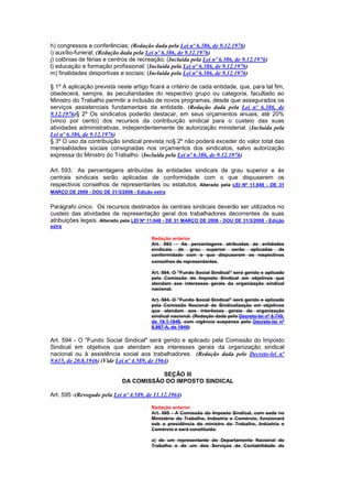 h) congressos e conferências; (Redação dada pela Lei nº 6.386, de 9.12.1976)
i) auxílio-funeral; (Redação dada pela Lei nº 6.386, de 9.12.1976)
j) colônias de férias e centros de recreação; (Incluída pela Lei nº 6.386, de 9.12.1976)
l) educação e formação profissional; (Incluída pela Lei nº 6.386, de 9.12.1976)
m) finalidades desportivas e sociais; (Incluída pela Lei nº 6.386, de 9.12.1976)

§ 1º A aplicação prevista neste artigo ficará a critério de cada entidade, que, para tal fim,
obedecerá, sempre, às peculiaridades do respectivo grupo ou categoria, facultado ao
Ministro do Trabalho permitir a inclusão de novos programas, desde que assegurados os
serviços assistenciais fundamentais da entidade. (Redação dada pela Lei nº 6.386, de
9.12.1976)§ 2º Os sindicatos poderão destacar, em seus orçamentos anuais, até 20%
(vinco por cento) dos recursos da contribuição sindical para o custeio das suas
atividades administrativas, independentemente de autorização ministerial. (Incluída pela
Lei nº 6.386, de 9.12.1976)
§ 3º O uso da contribuição sindical prevista no§ 2º não poderá exceder do valor total das
mensalidades sociais consignadas nos orçamentos dos sindicatos, salvo autorização
expressa do Ministro do Trabalho. (Incluída pela Lei nº 6.386, de 9.12.1976)

Art. 593. As percentagens atribuídas às entidades sindicais de grau superior e às
centrais sindicais serão aplicadas de conformidade com o que dispuserem os
respectivos conselhos de representantes ou estatutos. Alterado pela LEI Nº 11.648 - DE 31
MARÇO DE 2008 - DOU DE 31/3/2008 - Edição extra


Parágrafo único. Os recursos destinados às centrais sindicais deverão ser utilizados no
custeio das atividades de representação geral dos trabalhadores decorrentes de suas
atribuições legais. Alterado pela LEI Nº 11.648 - DE 31 MARÇO DE 2008 - DOU DE 31/3/2008 - Edição
extra

                                         Redação anterior
                                         Art. 593 - As percentagens atribuídas às entidades
                                         sindicais de grau superior serão aplicadas de
                                         conformidade com o que dispuserem os respectivos
                                         conselhos de representantes.

                                         Art. 594. O "Fundo Social Sindical" será gerido e aplicado
                                         pela Comissão do Imposto Sindical em objetivos que
                                         atendam aos interesses gerais da organização sindical
                                         nacional.

                                         Art. 594. O "Fundo Social Sindical" será gerido e aplicado
                                         pela Comissão Nacional de Sindicalização em objetivos
                                         que atendam aos interêsses gerais da organização
                                         sindical nacional. (Redação dada pelo Decreto-lei nº 8.740,
                                         de 19.1.1946, com vigência suspensa pelo Decreto-lei nº
                                         8.987-A, de 1946)

Art. 594 - O "Fundo Social Sindical" será gerido e aplicado pela Comissão do Imposto
Sindical em objetivos que atendam aos interesses gerais da organização sindical
nacional ou à assistência social aos trabalhadores. (Redação dada pelo Decreto-lei nº
9.615, de 20.8.1946) (Vide Lei nº 4.589, de 1964)

                                        SEÇÃO III
                             DA COMISSÃO DO IMPOSTO SINDICAL

Art. 595 -(Revogado pela Lei nº 4.589, de 11.12.1964)

                                         Redação anterior
                                         Art. 595 - A Comissão do Imposto Sindical, com sede no
                                         Ministério do Trabalho, Indústria e Comércio, funcionará
                                         sob a presidência do ministro do Trabalho, Indústria e
                                         Comércio e será constituida:

                                         a) de um representante do Departamento Nacional do
                                         Trabalho e de um dos Serviços de Contabilidade do
 