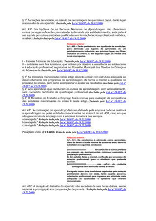 o
§ 1 As frações de unidade, no cálculo da percentagem de que trata o caput, darão lugar
à admissão de um aprendiz. (Incluído pela Lei nº 10.097, de 19.12.2000)

Art. 430. Na hipótese de os Serviços Nacionais de Aprendizagem não oferecerem
cursos ou vagas suficientes para atender à demanda dos estabelecimentos, esta poderá
ser suprida por outras entidades qualificadas em formação técnico-profissional metódica,
a saber: (Redação dada pela Lei nº 10.097, de 19.12.2000)

                                      Redação anterior
                                      Art. 430 - Terão preferência, em igualdade de condições,
                                      para admissão aos lugares de aprendizes de um
                                      estabelecimento industrial, em primeiro lugar, os filhos,
                                      inclusive os órfãos, e, em segundo lugar, os irmãos dos
                                      seus empregados.

I – Escolas Técnicas de Educação; (Incluído pela Lei nº 10.097, de 19.12.2000)
II – entidades sem fins lucrativos, que tenham por objetivo a assistência ao adolescente
e à educação profissional, registradas no Conselho Municipal dos Direitos da Criança e
do Adolescente.(Incluído pela Lei nº 10.097, de 19.12.2000)

   o
§ 1 As entidades mencionadas neste artigo deverão contar com estrutura adequada ao
desenvolvimento dos programas de aprendizagem, de forma a manter a qualidade do
processo de ensino, bem como acompanhar e avaliar os resultados..(Incluído pela Lei nº
10.097, de 19.12.2000)
   o
§ 2 Aos aprendizes que concluírem os cursos de aprendizagem, com aproveitamento,
será concedido certificado de qualificação profissional..(Incluído pela Lei nº 10.097, de
19.12.2000)
   o
§ 3 O Ministério do Trabalho e Emprego fixará normas para avaliação da competência
das entidades mencionadas no inciso II deste artigo..(Incluído pela Lei nº 10.097, de
19.12.2000)

Art. 431. A contratação do aprendiz poderá ser efetivada pela empresa onde se realizará
a aprendizagem ou pelas entidades mencionadas no inciso II do art. 430, caso em que
não gera vínculo de emprego com a empresa tomadora dos serviços.
a) revogada;" Redação dada pela Lei nº 10.097, de 19.12.2000)
b) revogada;" Redação dada pela Lei nº 10.097, de 19.12.2000)
c) revogada." Redação dada pela Lei nº 10.097, de 19.12.2000)

Parágrafo único. (VETADO) Redação dada pela Lei nº 10.097, de 19.12.2000)

                                      Redação anterior
                                      Art. 431. Os candidatos à admissão como aprendizes,
                                      alem de terem a idade mínima de quatorze anos, deverão
                                      satisfazer às seguintes condições:

                                      a////////////////////////////// ter concluido o curso primário
                                      ou possuir os conhecimentos mínimos essenciais à
                                      preparação profissional;
                                      b) ter aptidão física e mental, verificada por processo de
                                      seleção profissional, para a atividade que pretenda
                                      exercer;
                                      b//////////////////////////////   não sofrer de moléstia
                                             contagiosa e ser vacinado contra a varíola.

                                      Parágrafo único. Aos candidatos rejeitados pela seleção
                                      profissional deverá ser dada, tanto quanto possível,
                                      orientação profissional para ingresso em atividade mais
                                      adequada às qualidades e aptidões que tiverem
                                      demonstrado.

Art. 432. A duração do trabalho do aprendiz não excederá de seis horas diárias, sendo
vedadas a prorrogação e a compensação de jornada. (Redação dada pela Lei nº 10.097, de
19.12.2000)
 