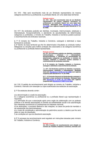 Art. 516 - Não será reconhecido mais de um Sindicato representativo da mesma
categoria econômica ou profissional, ou profissão liberal, em uma dada base territorial.

                                      Redação anterior
                                      Art. 516 - Não será reconhecido mais de um Sindicato
                                      representativo da mesma categoria econômica ou
                                      profissional, ou profissão liberal, em uma dada base
                                      territorial. (Revogado pelo Decreto-lei nº 8.740, de
                                      19.1.1946) com vigência suspensa pelo Decreto-lei nº -A,
                                      de 1946)

Art. 517. Os sindicatos poderão ser distritais, municipais, intermunicipais, estaduais e
interestaduais. Excepcionalmente, e atendendo às peculiaridades de determinadas
categorias ou profissões, o ministro do Trabalho, Indústria e Comércio poderá autorizar
o reconhecimento de sindicatos nacionais.

§ 1º O ministro do Trabalho, Indústria e Comércio, outorgará e delimitará a base
territorial do sindicato.
§ 2º Dentro da base territorial que lhe for determinada é facultado ao sindicato instituir
delegacias ou secções para melhor proteção dos associados e da categoria econômica
ou profissional ou profissão liberal representada.
                                      Redação anterior
                                      Art. 517. Os sindicatos poderão ser distritais, municipais,
                                      intermunicipais,      estaduais     e       interestaduais.
                                      Excepcionalmente, e atendendo às peculiaridades de
                                      determinadas categorias ou profissões, o ministro do
                                      Trabalho, Indústria e Comércio poderá autorizar o
                                      reconhecimento de sindicatos nacionais.

                                      § 1º O ministro do Trabalho, Indústria e Comércio,
                                      outorgará e delimitará a base territorial do sindicato.

                                      Art. 517 - Os Sindicatos poderão ser distritais, municipais,
                                      intermunicipais, estaduais e interestaduais. (Redação
                                      dada pelo Decreto-lei nº 8.740, de 19.1.1946) com vigência
                                      suspensa pelo Decreto-lei nº -A, de 1946)

                                      § 1º - A Comissão Nacional de Sindicalização outorgará e
                                      delimitará a base territorial do Sindicato. (Redação dada
                                      pelo Decreto-lei nº 8.740, de 19.1.1946) com vigência
                                      suspensa pelo Decreto-lei nº 8.987-A, de 1946)

Art. 518. O pedido de reconhecimento será dirigido ao ministro do Trabalho, Indústria e
Comércio, instruido com exemplar ou cópia autenticada dos estatutos da associação.

§ 1º Os estatutos deverão conter :

a) a denominação e a sede da associação;
b) a categoria econômica ou profissional ou a profissão liberal cuja representação é
requerida;
c) a afirmação de que a associação agirá como orgão de colaboração com os poderes
públicos e as demais associações no sentido da solidariedade social e da subordinação
dos interesses econômicos ou profissionais ao interesse nacional;
d) as atribuições, o processo eleitoral e das votações, os casos de perda de mandato e
de substituição dos administradores;
e) o modo de constituição e administração do patrimônio social e o destino que lhe será
dado no caso de dissolução;
f) as condições em que se dissolverá associação.

§ 2º O processo de reconhecimento será regulado em instruções baixadas pelo ministro
do Trabalho, Indústria e Comércio.
                                      Redação anterior
                                      Art. 518. O pedido de reconhecimento será dirigido ao
                                      ministro do Trabalho, Indústria e Comércio, instruido com
 
