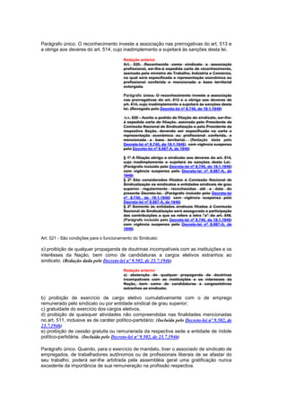 Parágrafo único. O reconhecimento investe a associação nas prerrogativas do art. 513 e
a obriga aos deveres do art. 514, cujo inadimplemento a sujeitará às sanções desta lei.

                                         Redação anterior
                                         Art. 520. Reconhecida como sindicato a associação
                                         profissional, ser-Ihe-á expedida carta de reconhecimento,
                                         assinada pelo ministro do Trabalho, Indústria e Comércio,
                                         na qual será especificada a representação econômica ou
                                         profissional conferida e mencionada a base territorial
                                         outorgada.

                                         Parágrafo único. O reconhecimento investe a associação
                                         nas prerrogativas do art. 513 e a obriga aos deveres do
                                         art. 514, cujo inadimplemento a sujeitará às sanções desta
                                         lei. (Revogado pelo Decreto-lei nº 8.740, de 19.1.1946)

                                         Art. 520 - Aceito o pedido de filiação do sindicato, ser-lhe-
                                         á expedida carta de filiação, assinada pelo Presidente da
                                         Comissão Nacional de Sindicalização e pelo Presidente da
                                         respectiva Seção, devendo ser especificada na carta a
                                         representação econômica ou profissional conferida, e
                                         mencionada a base territorial. (Redação dada pelo
                                         Decreto-lei nº 8.740, de 19.1.1946), com vigência suspensa
                                         pelo Decreto-lei nº 8.987-A, de 1946)

                                         § 1º A filiação obriga o sindicato aos deveres do art. 514,
                                         cujo inadimplemento o sujeitará às sanções desta Lei.
                                         (Parágrafo incluído pelo Decreto-lei nº 8.740, de 19.1.1946)
                                         com vigência suspensa pelo Decreto-lei nº 8.987-A, de
                                         1946)
                                         § 2º São considerados filiados à Comissão Nacional de
                                         Sindicalização os sindicatos e entidades sindicais de grau
                                         superior regularmente reconhecidas até a data do
                                         presente Decreto-lei. (Parágrafo incluído pelo Decreto-lei
                                         nº 8.740, de 19.1.1946) com vigência suspensa pelo
                                         Decreto-lei nº 8.987-A, de 1946)
                                         § 3º Somente às entidades sindicais filiadas à Comissão
                                         Nacional de Sindicalização será assegurada a participação
                                         das contribuições a que se refere a letra "a" do art. 548.
                                         (Parágrafo incluído pelo Decreto-lei nº 8.740, de 19.1.1946)
                                         com vigência suspensa pelo Decreto-lei nº 8.987-A, de
                                         1946)

Art. 521 - São condições para o funcionamento do Sindicato:

a) proibição de qualquer propaganda de doutrinas incompatíveis com as instituições e os
interêsses da Nação, bem como de candidaturas a cargos eletivos estranhos ao
sindicato. (Redação dada pelo Decreto-lei nº 9.502, de 23.7.1946)
                                         Redação anterior
                                         a) abstenção de qualquer propaganda de doutrinas
                                         incompatíveis com as instituições e os interesses da
                                         Nação, bem como de candidaturas a cargoseletivos
                                         estranhos ao sindicato;

b) proibição de exercício de cargo eletivo cumulativamente com o de emprego
remunerado pelo sindicato ou por entidade sindical de grau superior;
c) gratuidade do exercício dos cargos eletivos.
d) proibição de quaisquer atividades não compreendidas nas finalidades mencionadas
no art. 511, inclusive as de caráter político-partidário; (Incluída pelo Decreto-lei nº 9.502, de
23.7.1946)
e) proibição de cessão gratuita ou remunerada da respectiva sede a entidade de índole
político-partidária. (Incluída pelo Decreto-lei nº 9.502, de 23.7.1946)

Parágrafo único. Quando, para o exercício de mandato, tiver o associado de sindicato de
empregados, de trabalhadores autônomos ou de profissionais liberais de se afastar do
seu trabalho, poderá ser-lhe arbitrada pela assembléia geral uma gratificação nunca
excedente da importância de sua remuneração na profissão respectiva.
 
