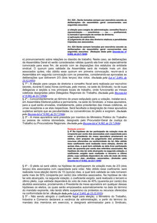 Art. 524 . Serão tomadas sempre por escrutínio secreto as
                                      deliberações da assembléia geral concernentes aos
                                      seguintes assuntos:

                                      a) eleição para cargos de administração, conselho fiscal e
                                      representação        econômica        ou       profissional;
                                      b) tomada e aprovação de contas da diretoria;
                                      c) aplicação do patrimônio;
                                      d) julgamento de atos das diretoria relativos a penalidades
                                      impostas aos associados.

                                      Art. 524 Serão sempre tomadas por escrutínio secreto as
                                      deliberações da assembléia geral concernentes aos
                                      seguintes assuntos: (Redação dada pelo Decreto-lei nº
                                      9.502, de 23.7.1946)

e) pronunciamento sobre relações ou dissídio de trabalho. Neste caso, as deliberações
da Assembléia Geral só serão consideradas válidas quando ela tiver sido especialmente
convocada para esse fim, de acordo com as disposições dos estatutos da entidade
sindical. O quorum para validade da Assembléia será de metade mais um dos
associados quites; não obtido esse quorum em primeira convocação, reunir-se-á a
Assembléia em segunda convocação com os presentes, considerando-se aprovadas as
deliberações que obtiverem 2/3 (dois terços) dos votos. (Incluída pela Lei nº 2.693, de
23.12.1955)
§ 1º - A eleição para cargos de diretoria e conselho fiscal será realizada por escrutínio
secreto, durante 6 (seis) horas contínuas, pelo menos, na sede do Sindicato, na de suas
delegacias e seções e nos principais locais de trabalho, onde funcionarão as mesas
coletoras designadas pelos Delegados Regionais do Trabalho. (Incluído pelo Decreto-lei
nº 9.502, de 23.7.1946)
§ 2º - Concomitantemente ao término do prazo estipulado para a votação, instalar-se-á,
em Assembléia Eleitoral pública e permanente, na sede do Sindicato, a mesa apuradora,
para a qual serão enviadas, imediatamente, pelos presidentes das mesas coletoras, as
urnas receptoras e as atas respectivas. Será facultada a designação de mesa apuradora
supletiva sempre que as peculiaridades ou conveniências do pleito a exigirem. (Incluído
pelo Decreto-lei nº 9.502, de 23.7.1946)
§ 3º - A mesa apuradora será presidida por membro do Ministério Público do Trabalho
ou pessoa de notória idoneidade, designado pelo Procurador-Geral da Justiça do
Trabalho ou Procuradores Regionais. (Incluído pelo Decreto-lei nº 9.502, de 23.7.1946)

                                      Redação anterior
                                      § 4º Na hipótese de ter participado da votação mais de
                                      cinqüenta por cento dos associados com capacidade para
                                      votar o presidente da mesa apuradora proclamará os
                                      eleitos, sem prejuizo do julgamento dos protestos ou
                                      recursos oferecidos na conformidade da lei. Não obtido
                                      êsse coeficiente será realizada nova eleição, dentro de
                                      quinze dias, a qual terá validade se dela tiver participado
                                      mais de quarenta por cento dos referidos associados. Na
                                      hipótese de não ter sido alcançado na segunda votação, o
                                      coeficiente cxigido será realizado o terceiro e último
                                      pleito, cuja validade dependerá do voto de mais de trinta
                                      por cento dos aludidos associados. (Incluído pelo
                                      Decreto-lei nº 9.502, de 23.7.1946)

§ 4º - O pleito só será válido na hipótese de participarem da votação mais de 2/3 (dois
terços) dos associados com capacidade para votar. Não obtido esse coeficiente, será
realizada nova eleição dentro de 15 (quinze) dias, a qual terá validade se nela tomarem
parte mais de 50% (cinqüenta por cento) dos referidos associados. Na hipótese de não
ter sido alcançado, na segunda votação, o coeficiente exigido, será realizado o terceiro e
último pleito, cuja validade dependerá do voto de mais de 40% (quarenta por cento) dos
aludidos associados, proclamando o Presidente da mesa apuradora em qualquer dessas
hipóteses os eleitos, os quais serão empossados automaticamente na data do término
do mandato expirante, não tendo efeito suspensivo os protestos ou recursos oferecidos
na conformidade da lei. (Redação dada pela Lei nº 2.693, de 23.12.1955)
§ 5º - Não sendo atingido o coeficiente legal para eleição, o Ministério do Trabalho,
Industria e Comercio declarará a vacância da administração, a partir do término do
mandato dos membros em exercício, e designará administrador para o Sindicato,
 