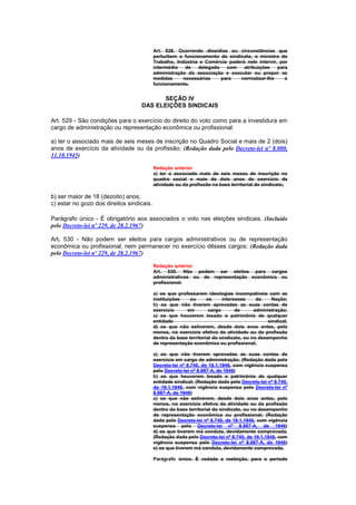 Art. 528. Ocorrendo dissídios ou circunstâncias que
                                           perturbem o funcionamento do sindicato, o ministro do
                                           Trabalho, Indústria e Comércio poderá nele intervir, por
                                           intermédio    de   delegado   com    atribuições    para
                                           administração da associação e executar ou propor as
                                           medidas      necessárias    para   normalizar-Ihe      o
                                           funcionamento.


                                          SEÇÃO IV
                                   DAS ELEIÇÕES SINDICAIS

Art. 529 - São condições para o exercício do direito do voto como para a investidura em
cargo de administração ou representação econômica ou profissional:

a) ter o associado mais de seis meses de inscrição no Quadro Social e mais de 2 (dois)
anos de exercício da atividade ou da profissão; (Redação dada pelo Decreto-lei nº 8.080,
11.10.1945)

                                           Redação anterior
                                           a) ter o associado mais de seis meses de inscrição no
                                           quadro social e mais de dois anos de exercício da
                                           atividade ou da profissão na base territorial do sindicato;

b) ser maior de 18 (dezoito) anos;
c) estar no gozo dos direitos sindicais.

Parágrafo único - É obrigatório aos associados o voto nas eleições sindicais. (Incluído
pelo Decreto-lei nº 229, de 28.2.1967)

Art. 530 - Não podem ser eleitos para cargos administrativos ou de representação
econômica ou profissional, nem permanecer no exercício dêsses cargos: (Redação dada
pelo Decreto-lei nº 229, de 28.2.1967)

                                           Redação anterior
                                           Art. 530. Não podem ser eleitos para cargos
                                           administrativos ou de representação econômica ou
                                           profissional:

                                           a) os que professarem ideologias incompatíveis com as
                                           instituições    ou      os     interesses     da     Nação;
                                           b) os que não tiverem aprovadas as suas contas de
                                           exercício     em         cargo       de      administração;
                                           c) os que houverem lesado o patrimônio de qualquer
                                           entidade                                           sindical;
                                           d) os que não estiverem, desde dois anos antes, pelo
                                           menos, no exercício efetivo da atividade ou da profissão
                                           dentro da base territorial do sindicato, ou no desempenho
                                           de representação econômica ou profissional;

                                           a) os que não tiverem aprovadas as suas contas de
                                           exercício em cargo de administração; (Redação dada pelo
                                           Decreto-lei nº 8.740, de 19.1.1946, com vigência suspensa
                                           pelo Decreto-lei nº 8.987-A, de 1946)
                                           b) os que houverem lesado o patrimônio de qualquer
                                           entidade sindical; (Redação dada pelo Decreto-lei nº 8.740,
                                           de 19.1.1946, com vigência suspensa pelo Decreto-lei nº
                                           8.987-A, de 1946)
                                           c) os que não estiverem, desde dois anos antes, pelo
                                           menos, no exercício efetivo da atividade ou da profissão
                                           dentro da base territorial do sindicato, ou no desempenho
                                           de representação econômica ou profissional; (Redação
                                           dada pelo Decreto-lei nº 8.740, de 19.1.1946, com vigência
                                           suspensa pelo Decreto-lei nº 8.987-A, de 1946)
                                           d) os que tiverem má conduta, devidamente comprovada.
                                           (Redação dada pelo Decreto-lei nº 8.740, de 19.1.1946, com
                                           vigência suspensa pelo Decreto-lei nº 8.987-A, de 1946)
                                           e) os que tiverem má conduta, devidamente comprovada.

                                           Parágrafo único. É vedada a reeleição, para o período
 
