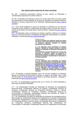 DAS ASSOCIAÇÕES SINDICAIS DE GRAU SUPERIOR

Art. 533 - Constituem associações sindicais de grau superior as federações e
confederações organizadas nos termos desta Lei.

Art. 534 - É facultado aos Sindicatos, quando em número não inferior a 5 (cinco), desde
que representem a maioria absoluta de um grupo de atividades ou profissões idênticas,
similares ou conexas, organizarem-se em federação. (Redação dada pela Lei nº 3.265, de
22.9.1957)

§ 1º - Se já existir federação no grupo de atividades ou profissões em que deva ser
constituída a nova entidade, a criação desta não poderá reduzir a menos de 5 (cinco) o
número de Sindicatos que àquela devam continuar filiados. (Incluído pela Lei nº 3.265, de
22.9.1957)
§ 2º - As federações serão constituídas por Estados, podendo o Ministro do Trabalho,
Industria e Comercio autorizar a constituição de Federações interestaduais ou nacionais.
(Parágrafo 1º renumerado pela Lei nº 3.265, de 22.9.1957)

                                      Redação anterior
                                      Art. 534. É facultado aos sindicatos, quando em número
                                      não inferior a cinco representando um grupo de atividades
                                      ou profissões idênticas, similares ou conexos,
                                      organizarem-se em federação.

                                      § 1º As federações serão constituídas por Estados,
                                      podendo o Ministro do Trabalho, Indústria e Comércio
                                      autorizar a constituições de federações interestaduais ou
                                      nacionais.
                                      § 2º E' permitido a qualquer federação para o fim de lhes
                                      coordenar os interesses, agrupar os sindicatos de
                                      determinado município ou região a ela filiados; mas a
                                      união não terá direito de representação das atividades ou
                                      profissões agrupadas.

                                      Redação anterior
                                      § 1º As federações serão constituídas por Estados,
                                      podendo a Comissão Nacional de Sindicalização, autorizar
                                      a constituição de federações interestaduais ou nacionais.
                                      (Redação dada pelo Decreto-lei nº 8.740, de 19.1.1946, com
                                      vigência suspensa pelo Decreto-lei nº 8.987-A, de 1946)
                                      § 1º As federações serão constituídas por Estados,
                                      podendo o Ministro do Trabalho, Indústria e Comércio
                                      autorizar a constituições de federações interestaduais ou
                                      nacionais.

§ 3º - É permitido a qualquer federação, para o fim de lhes coordenar os interesses,
agrupar os Sindicatos de determinado município ou região a ela filiados; mas a união
não terá direito de representação das atividades ou profissões agrupadas. (Parágrafo 2º
renumerado pela Lei nº 3.265, de 22.9.1957)

Art. 535 - As Confederações organizar-se-ão com o mínimo de 3 (três) federações e
terão sede na Capital da República.

§ 1º - As confederações formadas por federações de Sindicatos de empregadores
denominar-se-ão: Confederação Nacional da Indústria, Confederação Nacional do
Comércio, Confederação Nacional de Transportes Marítimos, Fluviais e Aéreos,
Confederação Nacional de Transportes Terrestres, Confederação Nacional de
Comunicações e Publicidade, Confederação Nacional das Empresas de Crédito e
Confederação Nacional de Educação e Cultura.
§ 2º - As confederações formadas por federações de Sindicatos de empregados terão a
denominação de: Confederação Nacional dos Trabalhadores na Indústria, Confederação
Nacional dos Trabalhadores no Comércio, Confederação Nacional dos Trabalhadores
em Transportes Marítimos, Fluviais e Aéreos, Confederação Nacional dos Trabalhadores
em Transportes Terrestres, Confederação Nacional dos Trabalhadores em
Comunicações e Publicidade, Confederação Nacional dos Trabalhadores nas Empresas
 