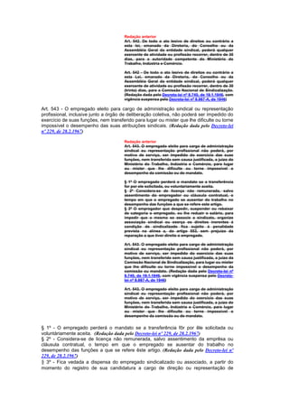 Redação anterior
                                      Art. 542. De todo o ato lesivo de direitos ou contrário a
                                      esta lei, emanado da Diretoria, do Conselho ou da
                                      Assembléia Geral da entidade sindical, poderá qualquer
                                      exercente de atividade ou profissão recorrer, dentro de 30
                                      dias, para a autoridade competente do Ministério do
                                      Trabalho, Indústria e Comércio.

                                      Art. 542 - De todo o ato lesivo de direitos ou contrário a
                                      esta Lei, emanado da Diretoria, do Conselho ou da
                                      Assembléia Geral da entidade sindical, poderá qualquer
                                      exercente de atividade ou profissão recorrer, dentro de 30
                                      (trinta) dias, para a Comissão Nacional de Sindicalização.
                                      (Redação dada pelo Decreto-lei nº 8.740, de 19.1.1946, com
                                      vigência suspensa pelo Decreto-lei nº 8.987-A, de 1946)

Art. 543 - O empregado eleito para cargo de administração sindical ou representação
profissional, inclusive junto a órgão de deliberação coletiva, não poderá ser impedido do
exercício de suas funções, nem transferido para lugar ou mister que lhe dificulte ou torne
impossível o desempenho das suas atribuições sindicais. (Redação dada pelo Decreto-lei
nº 229, de 28.2.1967)

                                      Redação anterior
                                      Art. 543. O empregado eleito para carga de administração
                                      sindical eu representação profissional não poderá, por
                                      motivo de serviço, ser impedido do exercício das suas
                                      funções, nem transferida sem causa justificada, a juizo do
                                      Ministério do Trabalho, Indústria e Comércio, para lugar
                                      ou mister que lhe dificulte ou torne impossivel o
                                      desempenho da comissão ou do mandato.

                                      § 1º O empregado perderá o mandato se a transferência
                                      for por ele solicitada, ou voluntariamente aceita.
                                      § 2º Considera-se de licença não remunerada, salvo
                                      assentimento do empregador ou cláusula contratual, o
                                      tempo em que o empregado se ausentar do trabalho no
                                      desempenho das funções a que se refere este artigo.
                                      § 3º O empregador que despedir, suspender ou rebaixar
                                      de categoria o empregado, ou lhe reduzir o salário, para
                                      impedir que o mesmo se associe a sindicato, organize
                                      associação sindical ou exerça os direitos inerentes à
                                      condição de sindicalizado fica sujeito à penalidade
                                      prevista na alínea a, do artigo 553, sem prejuizo da
                                      reparação a que tiver direito o empregado.

                                      Art. 543. O empregado eleito para cargo de administração
                                      sindical ou representação profissional não poderá, por
                                      motivo de serviço, ser impedido do exercício das suas
                                      funções, nem transferido sem causa justificada, a juízo da
                                      Comissão Nacional de Sindicalização, para lugar ou mister
                                      que lhe dificulte ou torne impossível o desempenho da
                                      comissão ou mandato. (Redação dada pelo Decreto-lei nº
                                      8.740, de 19.1.1946, com vigência suspensa pelo Decreto-
                                      lei nº 8.987-A, de 1946)

                                      Art. 543. O empregado eleito para carga de administração
                                      sindical eu representação profissional não poderá, por
                                      motivo de serviço, ser impedido do exercício das suas
                                      funções, nem transferida sem causa justificada, a juizo do
                                      Ministério do Trabalho, Indústria e Comércio, para lugar
                                      ou mister que lhe dificulte ou torne impossivel o
                                      desempenho da comissão ou do mandato.


§ 1º - O empregado perderá o mandato se a transferência fôr por êle solicitada ou
voluntàriamente aceita. (Redação dada pelo Decreto-lei nº 229, de 28.2.1967)
§ 2º - Considera-se de licença não remunerada, salvo assentimento da emprêsa ou
cláusula contratual, o tempo em que o empregado se ausentar do trabalho no
desempenho das funções a que se refere êste artigo. (Redação dada pelo Decreto-lei nº
229, de 28.2.1967)
§ 3º - Fica vedada a dispensa do empregado sindicalizado ou associado, a partir do
momento do registro de sua candidatura a cargo de direção ou representação de
 