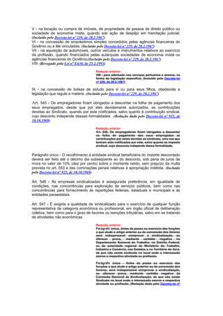 V - na locação ou compra de imóveis, de propriedade de pessoa de direito público ou
sociedade de economia mista, quando sob ação de despêjo em tramitação judicial;
(Incluído pelo Decreto-lei nº 229, de 28.2.1967)
VI - na concessão de empréstimos simples concedidos pelas agências financeiras do
Govêrno ou a êle vinculadas; (Incluído pelo Decreto-lei nº 229, de 28.2.1967)
VII - na aquisição de automóveis, outros veículos e instrumentos relativos ao exercício
da profissão, quando financiados pelas autarquias sociedades de economia mista ou
agências financeiras do Govêrno;(Incluído pelo Decreto-lei nº 229, de 28.2.1967)
VIII- (Revogado pela Lei nº 8.630, de 25.2.1993)

                                      Redação anterior
                                      VIII - para admissão nos serviços portuários e anexos, na
                                      forma da legislação específica; (Incluído pelo Decreto-lei
                                      nº 229, de 28.2.1967)

IX - na concessão de bolsas de estudo para si ou para seus filhos, obedecida a
legislação que regule a matéria. (Incluído pelo Decreto-lei nº 229, de 28.2.1967)

Art. 545 - Os empregadores ficam obrigados a descontar na folha de pagamento dos
seus empregados, desde que por eles devidamente autorizados, as contribuições
devidas ao Sindicato, quando por este notificados, salvo quanto à contribuição sindical,
cujo desconto independe dessas formalidades. (Redação dada pelo Decreto-lei nº 925, de
10.10.1969)

                                      Redação anterior
                                      Art. 545. Os empregadores ficam obrigados a descontar
                                      na folha de pagamento dos seus empregados as
                                      contribuições por estes devidas ao sindicato, uma vez que
                                      tenham sido notificados por este, salvo quanto ao imposto
                                      sindical, cujo desconto independe dessa formalidade.


Parágrafo único - O recolhimento à entidade sindical beneficiária do importe descontado
deverá ser feito até o décimo dia subseqüente ao do desconto, sob pena de juros de
mora no valor de 10% (dez por cento) sobre o montante retido, sem prejuízo da multa
prevista no art. 553 e das cominações penais relativas à apropriação indébita. (Incluído
pelo Decreto-lei nº 925, de 10.10.1969)

Art. 546 - Às empresas sindicalizadas é assegurada preferência, em igualdade de
condições, nas concorrências para exploração de serviços públicos, bem como nas
concorrências para fornecimento às repartições federais, estaduais e municipais e às
entidades paraestatais.

Art. 547 - É exigida a qualidade de sindicalizado para o exercício de qualquer função
representativa de categoria econômica ou profissional, em órgão oficial de deliberação
coletiva, bem como para o gozo de favores ou isenções tributárias, salvo em se tratando
de atividades não econômicas.

                                      Redação anterior
                                      Parágrafo único. Antes da posse ou exercício das funções
                                      a que alude o artigo anterior ou de concessão dos favores
                                      será indispensavel comprovar a sindicalização, ou
                                      oferecer prova, mediante certidão negativa no
                                      Departamento Nacional do Trabalho, no Distrito Federal,
                                      ou da autoridade regional do Ministério do Trabalho,
                                      Indústria e Comércio, nos Estados e no Território do Acre,
                                      de que não existe sindicato no local onde o interessado
                                      exerce a respectiva atividade ou profissão.

                                      Parágrafo único - Antes da posse ou exercício das
                                      funções a que alude o artigo anterior ou de concessão dos
                                      favores, será indispensável comprovar a sindicalização,
                                      ou oferecer prova, mediante certidão negativa da
                                      Comissão Nacional de Sindicalização, de que não existe
                                      Sindicato no local onde o interessado exerce a respectiva
                                      atividade ou profissão. (Redação dada pelo Decreto-lei nº
 