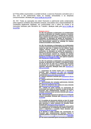 § 5º Para efeito orçamentário e contábil sindical, o exercício financeiro coincidirá com o
ano civil, a ele pertencendo todas as receitas arrecadadas e as despesas
compromissadas. (Incluído pela Lei nº 6.386, de 9.12.1976)

Art. 551. Todas as operações de ordem financeira e patrimonial serão evidenciadas
pelos registros contábeis das entidades sindicais, executados sob a responsabilidade de
contabilista legalmente habilitado, em conformidade com o plano de contas e as
instruções baixadas pelo Ministério do Trabalho. (Redação dada pela Lei nº 6.386, de
9.12.1976)

                                      Redação anterior
                                      Art. 551. Os sindicatos, as federações e as confederações
                                      enviarão ao Ministério do Trabalho, Indústria e Comércio,
                                      até 31 de março de cada ano, o relatório do ano anterior.
                                      Desse relatório deverão constar as principais ocorrências
                                      verificadas, as alterações do quadro de associados, o
                                      balanço do exercício financeiro, o balanço patrimonial e
                                      uma demonstração especial de emprego do imposto
                                      sindical arrecadado no ano anterior.

                                      Art. 551. Os sindicatos, as federações e as confederações
                                      enviarão à Comissão Nacional de Sindicalização, até 31 de
                                      março de cada ano, o relatório do ano anterior. Desse
                                      relatório deverão constar as principais ocorrências
                                      verificadas, as alterações do quadro de associados, o
                                      balanço do exercício financeiro, o balanço patrimonial e
                                      uma demonstração especial do emprêgo do impôsto
                                      sindical arrecadado no ano anterior. (Redação dada pelo
                                      Decreto-lei nº 8.740, de 19.1.1946, com vigência suspensa
                                      pelo Decreto-lei nº 8.987-A, de 1946)

                                      Art. 551. Os sindicatos, as federações e as confederações
                                      enviarão ao Ministério do Trabalho e Previdência Social,
                                      até 30 de junho de cada ano o relatório das principais
                                      ocorrências do exercício anterior e instruído com os
                                      seguintes elementos: (Redação dada pelo Decreto-lei nº
                                      925, de 10.10.1969)

                                      I - comparativo da receita orçada com a arrecadada;
                                      (Incluído pelo Decreto-lei nº 925, de 10.10.1969)
                                      II - comparativo da despesa autorizada com a realizada;
                                      (Incluído pelo Decreto-lei nº 925, de 10.10.1969)
                                      III - balanço financeiro; (Incluído pelo Decreto-lei nº 925, de
                                      10.10.1969)
                                      IV - balanço patrimonial; (Incluído pelo Decreto-lei nº 925, de
                                      10.10.1969)
                                      V - demonstração das variações patrimoniais; (Incluído
                                      pelo Decreto-lei nº 925, de 10.10.1969)
                                      VI - têrmo de conferência dos valôres em caixa; (Incluído
                                      pelo Decreto-lei nº 925, de 10.10.1969)
                                      VII - extrato de conta corrente ou memorando de
                                      confirmação dos saldos em depósito, na data do balanço,
                                      fornecido pelo estabelecimento bancário em que a
                                      entidade mantenha conta corrente; (Incluído pelo Decreto-
                                      lei nº 925, de 10.10.1969)
                                      VIII - demonstração especial da aplicação da contribuição
                                      sindical arrecadada. (Incluído pelo Decreto-lei nº 925, de
                                      10.10.1969)

                                      § 1º A exatidão do documento referido no item VI, visado
                                      pelo Contador da entidade, será atestada pelo presidente,
                                      pelo tesoureiro e pelos membros do conselho fiscal.
                                      (Incluído pelo Decreto-lei nº 925, de 10.10.1969)
                                      § 2º O termo de conferencia dos valôres em caixa poderá
                                      ser substituído por um certificado de auditoria externa, se
                                      assim o determinar o conselho fiscal. (Incluído pelo
                                      Decreto-lei nº 925, de 10.10.1969)
                                      § 3º Quando o saldo contábil não corresponder ao
                                      fornecido pelo estabelecimento bancário, deverá a
                                      entidade justificar a ocorrência. (Incluído pelo Decreto-lei nº
                                      925,                         de                    10.10.1969)
                                      § 4º Na mesma assembléia geral convocada para tomada e
 