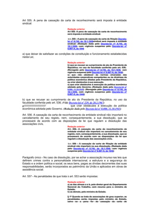 Art 555. A pena de cassação da carta de reconhecimento será imposta à entidade
sindical:

                                      Redação anterior
                                      Art 555. A pena de cassação da carta de reconhecimento
                                      será imposta à entidade sindical:

                                      Art. 555 - A pena de cassação da carta de filiação Decreto-
                                      lei nº 8.740, de 19.1.1946sindical será imposta à entidade
                                      sindical: (Redação dada pelo Decreto-lei nº 8.740, de
                                      19.1.1946, com vigência suspensa pelo Decreto-lei nº
                                      8.987-A, de 1946

a) que deixar de satisfazer as condições de constituição e funcionamento estabelecidas
nesta Lei;

                                      Redação anterior
                                      b) que se recusar ao cumprimento de ato do Presidente da
                                      República, no uso da faculdade conferida pelo art. 536;
                                      (Revogado pelo Decreto-lei nº 8.740, de 19.1.1946, com
                                      vigência suspensa pelo Decreto-lei nº 8.987-A, de 1946)
                                      c) que não obedecer às normas emanadas das
                                      autoridades corporativas competentes ou às diretrizes da
                                      política econômica ditadas pelo Presidente da República,
                                      ou criar obstáculos à sua execução.
                                      c) que criar obstáculos à execução da política econômica
                                      adotada pelo Governo. (Redação dada pelo Decreto-lei nº
                                      8.080, 11.10.1945) (Revogado pelo Decreto-lei nº 8.740, de
                                      19.1.1946, com vigência suspensa pelo Decreto-lei nº
                                      8.987-A, de 1946)

b) que se recusar ao cumprimento de ato do Presidente da República, no uso da
faculdade conferida pelo art. 536; (Vide Decreto-lei nº 229, de 28.2.1967)
g//////////////////////////////           que criar obstáculos à execução da política
econômica adotada pelo Governo. (Redação dada pelo Decreto-lei nº 8.080, 11.10.1945)

Art. 556. A cassação da carta de reconhecimento da entidade sindical não importará no
cancelamento de seu registo, nem, consequentemente, a sua dissolução, que se
processará de acordo com as disposições da lei que regulam a dissolução das
associações civís.
                                      Redação anterior
                                      Art. 556. A cassação da carta de reconhecimento da
                                      entidade sindical não importará no cancelamento de seu
                                      registo, nem, consequentemente, a sua dissolução, que se
                                      processará de acordo com as disposições da lei que
                                      regulam a dissolução das associações civís.

                                      Art. 556 - A cassação da carta de filiação da entidade
                                      sindical não importará na sua dissolução. (Redação dada
                                      pelo Decreto-lei nº 8.740, de 19.1.1946, com vigência
                                      suspensa pelo Decreto-lei nº 8.987-A, de 1946)


Parágrafo único - No caso de dissolução, por se achar a associação incursa nas leis que
definem crimes contra a personalidade internacional, a estrutura e a segurança do
Estado e a ordem política e social, os seus bens, pagas as dívidas decorrentes das suas
responsabilidades, serão incorporados ao patrimônio da União e aplicados em obras de
assistência social.

Art. 557 - As penalidades de que trata o art. 553 serão impostas:

                                      Redação anterior
                                      a) as das alíneas a e b, pelo diretor geral do Departamento
                                      Nacional do Trabalho, com recurso para o ministro de
                                      Estado;
                                      b) as demais, pelo ministro de Estado.

                                      § 1º Quando se trata de associações de grau superior, as
                                      penalidades serão impostas pelo ministro de Estado,
                                      salvo se a pena for da cassação da carta de
 