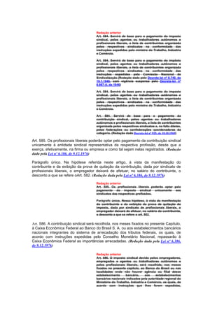 Redação anterior
                                      Art. 584. Servirá de base para o pagamento do imposto
                                      sindical, pelos agentes ou trabalhadores autônomos e
                                      profissionais liberais, a lista de contribuintes organizada
                                      pelos respectivos sindicatos na conformidade das
                                      instruções expedidas pelo ministro do Trabalho, Indústria
                                      e Comércio.

                                      Art. 584. Servirá de base para o pagamento do impôsto
                                      sindical, pelos agentes ou trabalhadores autônomos e
                                      profissionais liberais, a lista de contribuintes organizada
                                      pelos respectivos sindicatos na conformidade das
                                      instruções expedidas pela Comissão Nacional de
                                      Sindicalização.(Redação dada pelo Decreto-lei nº 8.740, de
                                      19.1.1946, com vigência suspensa pelo Decreto-lei nº
                                      8.987-A, de 1946)

                                      Art. 584. Servirá de base para o pagamento do imposto
                                      sindical, pelos agentes ou trabalhadores autônomos e
                                      profissionais liberais, a lista de contribuintes organizada
                                      pelos respectivos sindicatos na conformidade das
                                      instruções expedidas pelo ministro do Trabalho, Indústria
                                      e Comércio.

                                      Art. 584. Servirá de base para o pagamento da
                                      contribuição sindical, pelos agentes ou trabalhadores
                                      autônomos e profissionais liberais, a lista de contribuintes
                                      organizada pelos respectivos sindicatos e, na falta dêstes,
                                      pelas federações ou confederações coordenadoras da
                                      categoria. (Redação dada Decreto-lei nº 925, de 10.10.1969)

Art. 585. Os profissionais liberais poderão optar pelo pagamento da contribuição sindical
unicamente à entidade sindical representativa da respectiva profissão, desde que a
exerça, efetivamente, na firma ou empresa e como tal sejam nelas registrados. (Redação
dada pela Lei nº 6.386, de 9.12.1976)

Parágrafo único. Na hipótese referida neste artigo, à vista da manifestação do
contribuinte e da exibição da prova de quitação da contribuição, dada por sindicato de
profissionais liberais, o empregador deixará de efetuar, no salário do contribuinte, o
desconto a que se refere oArt. 582. (Redação dada pela Lei nº 6.386, de 9.12.1976)

                                      Redação anterior
                                      Art. 585. Os profissionais liberais poderão optar pelo
                                      pagamento do imposto sindical unicamente aos
                                      sindicatos das respectivas profissões.

                                      Parágrafo único. Nessa hipótese, à vista da manifestação
                                      do contribuinte e da exibição da prova de quitação do
                                      imposto, dada por sindicato de profissionais liberais, o
                                      empregador deixará de efetuar, no salário do contribuinte,
                                      o desconto a que se refere o art. 582.


Art. 586. A contribuição sindical será recolhida, nos meses fixados no presente Capítulo,
à Caixa Econômica Federal ao Banco do Brasil S. A. ou aos estabelecimentos bancários
nacionais integrantes do sistema de arrecadação dos tributos federais, os quais, de
acordo com instruções expedidas pelo Conselho Monetário Nacional, repassarão à
Caixa Econômica Federal as importâncias arrecadadas. (Redação dada pela Lei nº 6.386,
de 9.12.1976)

                                      Redação anterior
                                      Art. 586. O imposto sindical devido pelos empregadores,
                                      empregados e agentes ou trabalhadores autônomos e
                                      pelos profissionais liberais, será recolhido, nos meses
                                      fixados no presente capítulo, ao Banco do Brasil ou nas
                                      localidades onde não houver agência ou filial desse
                                      estabelecimento     bancário,     aos   estabelecimentos
                                      bancários nacionais indicados pela autoridade regional do
                                      Ministério do Trabalho, Indústria e Comércio, os quais, de
                                      acordo com instruções que lhes forem expedidas,
 