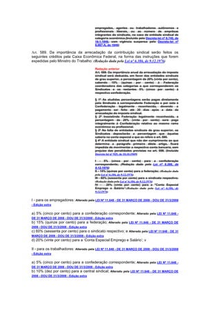 empregados, agentes ou trabalhadores autônomos e
                                         profissionais liberais, ou ao número de emprêsas
                                         integrantes do sindicato, no caso de entidade sindical de
                                         categoria econômica.(Incluído pelo Decreto-lei nº 8.740, de
                                         19.1.1946, com vigência suspensa pelo Decreto-lei nº
                                         8.987-A, de 1946)

Art. 589. Da importância da arrecadação da contribuição sindical serão feitos os
seguintes créditos pela Caixa Econômica Federal, na forma das instruções que forem
expedidas pelo Ministro do Trabalho: (Redação dada pela Lei nº 6.386, de 9.12.1976)

                                         Redação anterior
                                         Art. 589. Da importância anual da arrecadação do imposto
                                         sindical será deduzida, em favor das entidades sindicais
                                         de grau superior, a percentagem de 20% (vinte por cento),
                                         cabendo 15% (quinze por cento) à Federação
                                         coordenadora das categorias a que corresponderem os
                                         Sindicatos e os restantes 5% (cinco por cento) à
                                         respectiva confederação.

                                         § 1º As aludidas percentagens serão pagas diretamente
                                         pelo Sindicato à correspondente Federação e por esta à
                                         Confederação legalmente reconhecida, devendo o
                                         pagamento ser feito até 30 dias após a data da
                                         arrecadação do imposto sindical.
                                         § 2º Inexistindo Federação legalmente reconhecida, a
                                         percentagem de 20% (vinte por cento) será paga
                                         integralmente à Confederação relativa ao mesmo ramo
                                         econômico ou profissional.
                                         § 3º Na falta de entidades sindicais de grau superior, os
                                         Sindicatos depositarão a percentagem que àquelas
                                         caberia na conta especial a que se refere o art. 590.
                                         § 4º A entidade sindical que não der cumprimento ao que
                                         determina a parágrafo primeiro dêste artigo, ficará
                                         impedida de movimentar a respectiva conta bancaria, sem
                                         prejuízo das penalidades previstas no art. 598. (Incluído
                                         Decreto-lei nº 925, de 10.10.1969)

                                         I - 5% (cinco por cento) para a confederação
                                         correspondente; (Redação dada pela Lei nº 6.386, de
                                         9.12.1976)
                                         II - 15% (quinze por cento) para a federação; (Redação dada
                                         pela Lei nº 6.386, de 9.12.1976)
                                         III - 60% (sessenta por cento) para o sindicato respectivo;
                                         (Redação dada pela Lei nº 6.386, de 9.12.1976)
                                         IV -     20% (vinte por cento) para a "Conta Especial
                                         Emprego e Salário".(Redação dada pela Lei nº 6.386, de
                                         9.12.1976)

I - para os empregadores: Alterado pela LEI Nº 11.648 - DE 31 MARÇO DE 2008 - DOU DE 31/3/2008
- Edição extra

a) 5% (cinco por cento) para a confederação correspondente; Alterado pela LEI Nº 11.648 -
DE 31 MARÇO DE 2008 - DOU DE 31/3/2008 - Edição extra
b) 15% (quinze por cento) para a federação; Alterado pela LEI Nº 11.648 - DE 31 MARÇO DE
2008 - DOU DE 31/3/2008 - Edição extra
c) 60% (sessenta por cento) para o sindicato respectivo; e Alterado pela LEI Nº 11.648 - DE 31
MARÇO DE 2008 - DOU DE 31/3/2008 - Edição extra
d) 20% (vinte por cento) para a ‘Conta Especial Emprego e Salário’; v

II - para os trabalhadores: Alterado pela LEI Nº 11.648 - DE 31 MARÇO DE 2008 - DOU DE 31/3/2008
- Edição extra

a) 5% (cinco por cento) para a confederação correspondente; Alterado pela LEI Nº 11.648 -
DE 31 MARÇO DE 2008 - DOU DE 31/3/2008 - Edição extra
b) 10% (dez por cento) para a central sindical; Alterado pela LEI Nº 11.648 - DE 31 MARÇO DE
2008 - DOU DE 31/3/2008 - Edição extra
 