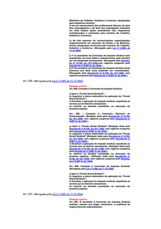 Ministério do Trabalho, Indústria e Comércio, designados
                                        pelo respectivo ministro;
                                        b) de um representante dos profissionais liberais, de dois
                                        dos empregadores e de dois dos empregados indicados
                                        em lista tríplice pelos presidentes das respectivas
                                        confederações e nomeados pelo ministro do Trabalho,
                                        Indústria e Comércio;

                                        c) de três pessoas de conhecimentos especializados
                                        respectivamente em assuntos de Direito e de Medicina-
                                        Social, designadas livremente pelo ministro do Trabalho,
                                        Indústria e Comércio. (Revogado pela Lei nº 4.589, de
                                        11.12.1964)

                                        § 1º O presidente da Comissão do Imposto Sindical será
                                        substituído, em suas faltas e impedimentos, pelo membro
                                        por ele designado previamente. (Revogado pelo Decreto-
                                        lei nº 8.740, de 19.1.1946,com vigência suspensa pelo
                                        Decreto-lei nº 8.987-A, de 1946) )
                                        § 2º Os membros da Comissão do Imposto Sindical terão
                                        exercício por dois anos podendo ser reconduzidos.
                                        (Revogado pelo Decreto-lei nº 8.740, de 19.1.1946, com
                                        vigência suspensa pelo Decreto-lei nº 8.987-A, de 1946) )

Art. 596 -(Revogado pela Lei nº 4.589, de 11.12.1964)
                                        Redação anterior
                                        Art. 596. Compete à Comissão do Imposto Sindical:

                                        a) gerir o "Fundo Social Sindical";
                                        b) organizar o plano sistemático da aplicação do "Fundo
                                        Social Sindical" ;
                                        c) fiscalizar a aplicação do imposto sindical, expedindo as
                                        normas que se fizerem necessárias;
                                        d) resolver as dúvidas suscitadas na execução do
                                        presente capítulo.

                                        Art. 596 - Compete à Comissão Nacional de
                                        Sindicalização: (Redação dada pelo Decreto-lei nº 8.740,
                                        de 19.1.1946, com vigência suspensa pelo Decreto-lei nº
                                        8.987-A, de 1946) )

                                        a) Gerir o "Fundo Social Sindical" (Redação dada pelo
                                        Decreto-lei nº 8.740, de 19.1.1946, com vigência suspensa
                                        pelo Decreto-lei nº 8.987-A, de 1946) )
                                        b) organizar o plano sistematico da aplicação do "Fundo
                                        Social Sindical" (Redação dada pelo Decreto-lei nº 8.740,
                                        de 19.1.1946, com vigência suspensa pelo Decreto-lei nº
                                        8.987-A, de 1946) )
                                        c) fiscalizar a aplicação do imposto sindical, expedindo as
                                        normas que se fizerem necessárias; (Redação dada pelo
                                        Decreto-lei nº 8.740, de 19.1.1946, com vigência suspensa
                                        pelo Decreto-lei nº 8.987-A, de 1946) )
                                        d) resolver as dúvidas suscitadas na execução do
                                        presente capítulo. (Redação dada pelo Decreto-lei nº
                                        8.740, de 19.1.1946, com vigência suspensa pelo Decreto-
                                        lei nº 8.987-A, de 1946)

                                        Art. 596. Compete à Comissão do Imposto Sindical:
                                        (Revogado pela Lei nº 4.589, de 11.12.1964)

                                        a) gerir o "Fundo Social Sindical";
                                        b) organizar o plano sistemático da aplicação do "Fundo
                                        Social Sindical" ;
                                        c) fiscalizar a aplicação do imposto sindical, expedindo as
                                        normas que se fizerem necessárias;
                                        d) resolver as dúvidas suscitadas na execução do
                                        presente capítulo.

Art. 597 -(Revogado pela Lei nº 4.589, de 11.12.1964)
                                        Redação anterior
                                        Art. 597. É facultado à Comissão do Imposto Sindical
                                        solicitar, sempre que julgar necessário, a audiência de
                                        órgãos técnicos especializados.
 