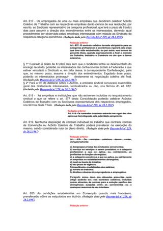 Art. 617 - Os empregados de uma ou mais emprêsas que decidirem celebrar Acôrdo
Coletivo de Trabalho com as respectivas emprêsas darão ciência de sua resolução, por
escrito, ao Sindicato representativo da categoria profissional, que terá o prazo de 8 (oito)
dias para assumir a direção dos entendimentos entre os interessados, devendo igual
procedimento ser observado pelas emprêsas interessadas com relação ao Sindicato da
respectiva categoria econômica. (Redação dada pelo Decreto-lei nº 229, de 28.2.1967)

                                       Redação anterior
                                       Art. 617. O contrato coletivo tornado obrigatório para as
                                       categorias profissionais e econômicas vigorará pelo prazo
                                       que tiver sido estabelecido, ou por outro, nos termos do
                                       presente título, quando expressamente o fixar o ministro
                                       do Trabalho, Indústria e Comércio no ato que o tornar
                                       extensivo.

§ 1º Expirado o prazo de 8 (oito) dias sem que o Sindicato tenha se desincumbido do
encargo recebido, poderão os interessados dar conhecimento do fato à Federarão a que
estiver vinculado o Sindicato e, em falta dessa, à correspondente Confederação, para
que, no mesmo prazo, assuma a direção dos entendimentos. Esgotado êsse prazo,
poderão os interessados prosseguir            diretamente na negociação coletiva até final.
(Incluído pelo Decreto-lei nº 229, de 28.2.1967)
§ 2º Para o fim de deliberar sôbre o Acôrdo, a entidade sindical convocará assembléia
geral dos diretamente interessados, sindicalizados ou não, nos têrmos do art. 612.
(Incluído pelo Decreto-lei nº 229, de 28.2.1967)

Art. 618 - As emprêsas e instituições que não estiverem incluídas no enquadramento
sindical a que se refere o art. 577 desta Consolidação poderão celebrar Acôrdos
Coletivos de Trabalho com os Sindicatos representativos dos respectivos empregados,
nos têrmos dêste Título. (Redação dada pelo Decreto-lei nº 229, de 28.2.1967)

                                     Redação anterior
                                     Art. 618. Os contratos coletivos entrarão em vigor dez dias
                                     após sua homologação pela autoridade competente.

Art. 619. Nenhuma disposição de contrato individual de trabalho que contrarie normas
de Convenção ou Acôrdo Coletivo de Trabalho poderá prevalecer na execução do
mesmo, sendo considerada nula de pleno direito. (Redação dada pelo Decreto-lei nº 229,
de 28.2.1967)
                                       Redação anterior
                                       Art. 619. Os contratos       coletivos   devem    conter,
                                       obrigatoriamente:

                                       a) designação precisa dos sindicatos convenentes;
                                       b) serviço ou serviços a serem prestados, e a categoria
                                       profissional a que se aplica, ou, estritamente, as
                                       profissões ou funções abrangidas;
                                       c) a categoria econômica a que se aplica, ou estritamente
                                       as empresas ou estabelecimentos abrangidos;
                                       d) local ou locais de trabalho;
                                       e) seu prazo de vigência;
                                       f) importância e modalidades dos salários;
                                       g) horário de trabalho;
                                       h) direitos e deveres de empregadores e empregados.

                                       Parágrafo único. Alem das cláusulas prescritas neste
                                       artigo poderão ser, nos contratos coletivos, incluidas
                                       outras atinentes às normas para a solução pacífica das
                                       divergências surgidas entre os convenentes ou a
                                       quaisquer assuntos de seu interêsse.

Art. 620. As condições estabelecidas em Convenção quando mais favoráveis,
prevalecerão sôbre as estipuladas em Acôrdo. (Redação dada pelo Decreto-lei nº 229, de
28.2.1967)

                                       Redação anterior
 