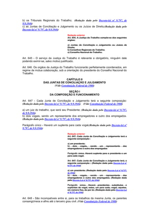 b) os Tribunais Regionais do Trabalho; (Redação dada pelo Decreto-lei nº 9.797, de
9.9.1946)
c) as Juntas de Conciliação e Julgamento ou os Juízos de Direito.(Redação dada pelo
Decreto-lei nº 9.797, de 9.9.1946)

                                      Redação anterior
                                      Art. 644. A Justiça do Trabalho compõe-se dos seguintes
                                      orgãos:

                                      a) Juntas de Conciliação e Julgamento ou Juízos de
                                      Direito;
                                      b) Conselhos Regionais do Trabalho;
                                      c) Conselho Nacional do Trabalho.

Art. 645 - O serviço da Justiça do Trabalho é relevante e obrigatório, ninguém dele
podendo eximir-se, salvo motivo justificado.

Art. 646. Os orgãos da Justiça do Trabalho funcionarão perfeitamente coordenados, em
regime de mútua colaboração, sob a orientação do presidente do Conselho Nacional do
Trabalho.

                                  CAPÍTULO II
                 DAS JUNTAS DE CONCILIAÇÃO E JULGAMENTO
                        (Vide Constituição Federal de 1988)

                                  SEÇÃO I
                       DA COMPOSIÇÃO E FUNCIONAMENTO

Art. 647 - Cada Junta de Conciliação e Julgamento terá a seguinte composição:
(Redação dada pelo Decreto-lei nº 9.797, de 9.9.1946) (Vide Constituição Federal de 1988)

a) um juiz do trabalho, que será seu Presidente; (Redação dada pelo Decreto-lei nº 9.797,
de 9.9.1946)
b) dois vogais, sendo um representante dos empregadores e outro dos empregados.
(Redação dada pelo Decreto-lei nº 9.797, de 9.9.1946)

Parágrafo único - Haverá um suplente para cada vogal.(Redação dada pelo Decreto-lei nº
9.797, de 9.9.1946)

                                      Redação anterior
                                      Art. 647. Cada Junta de Conciliação e Julgamento terá a
                                      seguinte composição :

                                      a) um presidente;
                                      b) dois vogais, sendo um representante                dos
                                      empregadores e outro dos empregados

                                      Parágrafo único. Haverá suplente para o presidente e um
                                      para cada vogal.

                                      Art. 647. Cada Junta de Conciliação e Julgamento terá, a
                                      seguinte composição : (Redação dada pelo Decreto-Lei nº
                                      8.737, de 1946)

                                      a) um presidente; (Redação dada pelo Decreto-Lei nº 8.737,
                                      de 1946)
                                      b) dois vogais, sendo um representante dos
                                      empregadores e outro dos empregados. (Redação dada
                                      pelo Decreto-Lei nº 8.737, de 1946)

                                      Parágrafo único. Haverá presidentes substitutos e
                                      suplentes de vogal, estes, um para cada, vogal, aqueles,
                                      em número fixa, do por lei. (Redação dada pelo Decreto-Lei
                                      nº 8.737, de 1946)

Art. 648 - São incompatíveis entre si, para os trabalhos da mesma Junta, os parentes
consangüíneos e afins até o terceiro grau civil. (Vide Constituição Federal de 1988)
 