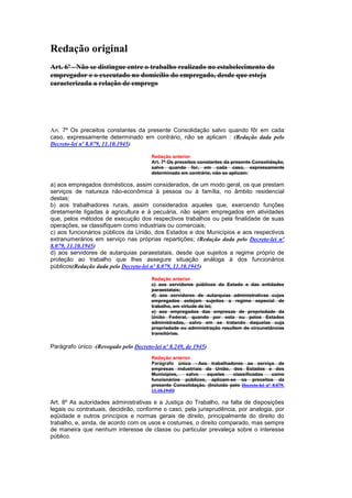 Redação original
Art. 6º - Não se distingue entre o trabalho realizado no estabelecimento do
empregador e o executado no domicílio do empregado, desde que esteja
caracterizada a relação de emprego




Art. 7º Os preceitos constantes da presente Consolidação salvo quando fôr em cada
caso, expressamente determinado em contrário, não se aplicam : (Redação dada pelo
Decreto-lei nº 8.079, 11.10.1945)

                                       Redação anterior
                                       Art. 7º Os preceitos constantes da presente Consolidação,
                                       salvo quando for, em cada caso, expressamente
                                       determinado em contrário, não se aplicam:

a) aos empregados domésticos, assim considerados, de um modo geral, os que prestam
serviços de natureza não-econômica à pessoa ou à família, no âmbito residencial
destas;
b) aos trabalhadores rurais, assim considerados aqueles que, exercendo funções
diretamente ligadas à agricultura e à pecuária, não sejam empregados em atividades
que, pelos métodos de execução dos respectivos trabalhos ou pela finalidade de suas
operações, se classifiquem como industriais ou comerciais;
c) aos funcionários públicos da União, dos Estados e dos Municípios e aos respectivos
extranumerários em serviço nas próprias repartições; (Redação dada pelo Decreto-lei nº
8.079, 11.10.1945)
d) aos servidores de autarquias paraestatais, desde que sujeitos a regime próprio de
proteção ao trabalho que lhes assegure situação análoga à dos funcionários
públicos(Redação dada pelo Decreto-lei nº 8.079, 11.10.1945)

                                       Redação anterior
                                       c) aos servidores públicos do Estado e das entidades
                                       paraestatais;
                                       d) aos servidores de autarquias administrativas cujos
                                       empregados estejam sujeitos a regime especial de
                                       trabalho, em virtude de lei;
                                       e) aos empregados das empresas de propriedade da
                                       União Federal, quando por esta ou pelos Estados
                                       administradas, salvo em se tratando daquelas cuja
                                       propriedade ou administração resultem de circunstâncias
                                       transitórias.

Parágrafo único (Revogado pelo Decreto-lei nº 8.249, de 1945)
                                       Redação anterior
                                       Parágrafo único - Aos trabalhadores ao serviço de
                                       empresas industriais da União, dos Estados e dos
                                       Municípios,   salvo   aqueles     classificados      como
                                       funcionários públicos, aplicam-se os preceitos da
                                       presente Consolidação. (Incluído pelo Decreto-lei nº 8.079,
                                       11.10.1945)

Art. 8º As autoridades administrativas e a Justiça do Trabalho, na falta de disposições
legais ou contratuais, decidirão, conforme o caso, pela jurisprudência, por analogia, por
eqüidade e outros princípios e normas gerais de direito, principalmente do direito do
trabalho, e, ainda, de acordo com os usos e costumes, o direito comparado, mas sempre
de maneira que nenhum interesse de classe ou particular prevaleça sobre o interesse
público.
 