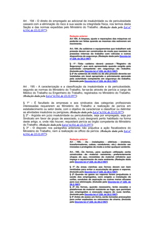 Art . 194 - O direito do empregado ao adicional de insalubridade ou de periculosidade
cessará com a eliminação do risco à sua saúde ou integridade física, nos termos desta
Seção e das normas expedidas pelo Ministério do Trabalho. (Redação dada pela Lei nº
6.514, de 22.12.1977)

                                      Redação anterior
                                      Art 194. A limpeza, ajuste e reparações das máquinas só
                                      poderão ser feitas quando as mesmas não estiverem em
                                      movimento.

                                      Art. 194. As caldeiras e equipamentos que trabalhem sob
                                      pressão devem ser construídos de modo que resistam às
                                      pressões internas do trabalho com válvulas e outros
                                      dispositivos de segurança. (Redação dada pelo Decreto-lei
                                      nº 229, de 28.2.1967)

                                      § 1º Tôda caldeira deverá possuir "Registro de
                                      Segurança", que será apresentado quando exigido pela
                                      autoridade competente em segurança do trabalho.
                                      (Incluído pelo Decreto-lei nº 229, de 28.2.1967)
                                      § 2º As caldeiras de média ou de alta pressão deverão ser
                                      instaladas em local apropriado e prèviamente aprovado
                                      pela autoridade competente em segurança do trabalho.
                                      (Incluído pelo Decreto-lei nº 229, de 28.2.1967)

Art . 195 - A caracterização e a classificação da insalubridade e da periculosidade,
segundo as normas do Ministério do Trabalho, far-se-ão através de perícia a cargo de
Médico do Trabalho ou Engenheiro do Trabalho, registrados no Ministério do Trabalho.
(Redação dada pela Lei nº 6.514, de 22.12.1977)

§ 1º - É facultado às empresas e aos sindicatos das categorias profissionais
interessadas requererem ao Ministério do Trabalho a realização de perícia em
estabelecimento ou setor deste, com o objetivo de caracterizar e classificar ou delimitar
as atividades insalubres ou perigosas. (Redação dada pela Lei nº 6.514, de 22.12.1977)
§ 2º - Argüida em juízo insalubridade ou periculosidade, seja por empregado, seja por
Sindicato em favor de grupo de associado, o juiz designará perito habilitado na forma
deste artigo, e, onde não houver, requisitará perícia ao órgão competente do Ministério
do Trabalho. (Redação dada pela Lei nº 6.514, de 22.12.1977)
§ 3º - O disposto nos parágrafos anteriores não prejudica a ação fiscalizadora do
Ministério do Trabalho, nem a realização ex officio da perícia. (Redação dada pela Lei nº
6.514, de 22.12.1977)
                                      Redação anterior
                                      Art    195.    As    instalações    elétricas    (motores,
                                      transformadores, cabos, condutores, etc.) deverão ser
                                      iniciadas e protegidas do modo a evitar qualquer acidente.

                                      Art. 195. Os fornos, para qualquer utilização serão
                                      construídos de material resistente, preferentemente
                                      chapas de aço, revestidas de material refratório que
                                      impeça o aquecimento do meio ambiente. (Redação dada
                                      pelo Decreto-lei nº 229, de 28.2.1967)

                                      § 1º As áreas vizinhas aos fornos devem ser bem
                                      ventiladas para evitar a acumulação de gases e vapores.
                                      (Incluído pelo Decreto-lei nº 229, de 28.2.1967)
                                      § 2º Quando os gases ou vapores forem prejudiciais à
                                      saúde dos empregados, será exigida a instalação de
                                      coifas, condutos de aspiração ou outros meios eficazes
                                      para sua eliminação. (Incluído pelo Decreto-lei nº 229, de
                                      28.2.1967)
                                      § 3º Os fornos, quando necessário, terão escadas e
                                      plataformas de material resistente ao fogo, que permitam
                                      aos empregados a execução segura de suas tarefas.
                                      (Incluído pelo Decreto-lei nº 229, de 28.2.1967)
                                      § 4º Antes de aceso um forno, serão tomadas precauções
                                      para evitar explosões ou retrocesso de chama. (Incluído
                                      pelo Decreto-lei nº 229, de 28.2.1967)
 