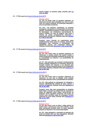 normas fixadas no presente artigo. (Incluído pela Lei
                                        5.431, de 1968)

Art . 210Revogado pela Lei nº 6.514, de 22.12.1977)
                                        Redação anterior
                                        Art. 210. Os locais onde se guardam explosivos ou
                                        inflamaveis deverão estar protegidos por meio de para-
                                        raios, em número suficiente, de construção adequada, a
                                        juizo da autoridade competente.

                                        Art. 210 - Os materiais, substâncias ou produtos
                                        empregados, manipulados ou transportados nos locais de
                                        trabalho, considerados perigosos à saúde devem conter,
                                        Na etiquetagem, sua composição, recomendações de
                                        socorro imediato em caso de acidente, bem como o
                                        símbolo de perigo correspondente, observada a
                                        padronização internacional. (Redação dada pelo Decreto-
                                        lei nº 229, de 28.2.1967

                                        Parágrafo único. Deverão os responsáveis pelos
                                        estabelecimentos afixar avisos ou cartazes, alertando os
                                        empregados com referência à manipulação das
                                        substâncias nocivas, nos respectivos setores de
                                        utilização. (Incluído pelo Decreto-lei nº 229, de 28.2.1967)

Art . 211Revogado pela Lei nº 6.514, de 22.12.1977)
                                        Redação anterior
                                        Art. 211. Nos locais onde se guardem explosivos ou
                                        inflamaveis, o estoque desses não poderá exceder o
                                        máximo fixado pela autoridade competente de acordo com
                                        as necessidades da indústria e as possibilidades de
                                        reabastecimento.

                                        Art. 211 - Nas operações que produzam aerodisperscides
                                        tóxicos, irritantes, alergênicos ou incômodos, deverão ser
                                        tomadas medidas que impeçam a sua absorção pelo
                                        organismo, seja por processos gerais ou por dispositivos
                                        de proteção individual. (Redação dada pelo Decreto-lei nº
                                        229, de 28.2.1967

Art . 212(Revogado pela Lei nº 6.514, de 22.12.1977)
                                        Redação anterior
                                        Art. 212. Nos locais onde se guardem inflamaveis ou
                                        explosivos, ou com eles se trabalhe, serão tomadas
                                        precauções especiais contra a possibilidade de incêndios.

                                        Art. 212 - Não poderão os empregados ser obrigados a
                                        remover individualmente material de peso superior a
                                        sessenta quilogramas. (Redação dada pelo Decreto-lei nº
                                        229, de 28.2.1967)

                                        Parágrafo único. Não está compreendida na proibição
                                        deste artigo a remoção de material feita por impulsão ou
                                        tração de vagonetes sobre trilhos, carros-de-mão ou
                                        quaisquer outros aparelhos mecânicos, não sendo, em
                                        nenhum caso, permitido exigir do empregado serviços
                                        superiores às suas forças. (Incluído pelo Decreto-lei nº
                                        229, de 28.2.1967)

Art . 213Revogado pela Lei nº 6.514, de 22.12.1977)
                                        Redação anterior
                                        Art. 213. Nos locais a que se refere o artigo anterior só
                                        poderá entrar o pessoal que neles deva trabalhar, sendo
                                        neles estritamente proibido fumar ou trazer quaisquer
                                        lâmpada ou dispositivo com chama desprotegida.

                                        Art. 213 - Será obrigatória a colocação de assentos nos
                                        locais de trabalho para uso dos empregados. (Redação
                                        dada pelo Decreto-lei nº 229, de 28.2.1967
 