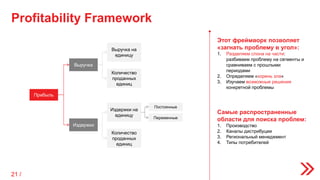 Profitability Framework
Прибыль
Выручка
Издержки
Выручка на
единицу
Количество
проданных
единиц
Издержки на
единицу
Количество
проданных
единиц
Переменные
Постоянные
Этот фреймворк позволяет
«загнать проблему в угол»:
1. Разделяем слона на части:
разбиваем проблему на сегменты и
сравниваем с прошлыми
периодами
2. Определяем «корень зла»
3. Изучаем возможные решения
конкретной проблемы
Самые распространенные
области для поиска проблем:
1. Производство
2. Каналы дистрибуции
3. Региональный менеджмент
4. Типы потребителей
21 /
 