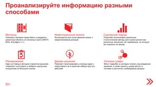 Проанализируйте информацию разными
способами
Матрицы
Помогают наглядно представить и разделить
различные объекты на несколько групп (SWOT,
BCG, Ансофф и т.п.)
Инвестиционный анализ
Используется для сопоставления затрат с
предполагаемым доходом
Сценарный подход
Позволяет использовать различные
статистические методы для оценки рисков при
различных значениях тех параметров, на которые
мы повлиять не можем
Ранжирование
Один из главных методов в принятии решений,
позволяет сопоставить и выбрать наилучшие
инициативы из большого списка.
Сетевые графы
Могут подробно и наглядно описать ход внедрения
решения, а также оценить «узкие места» в
системе и рассчитать необходимые ресурсы
Дерево решений
Помогает структурировать сложные идеи и
представлять их в качестве набора простых
действий
33 /
 