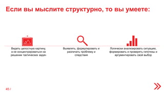Если вы мыслите структурно, то вы умеете:
Видеть целостную картину,
а не концентрироваться на
решении тактических задач
Выявлять, формулировать и
различать проблему и
следствия
Логически анализировать ситуацию,
формировать и проверять гипотезы и
аргументировать свой выбор
45 /
 