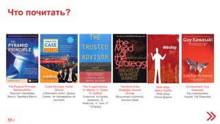 Что почитать?
Crack the Case, David
Ohrvall
(«Взломать кейс», Дэвид
Орвал, не переведена на
русский)
The Mind of the
Strategist, Kenichi
Ohmae
Мышление стратегия,
Кеничи Омае
The Trusted Advisor,
D. Maister, C. Green
R. Galford
Советник, которому
доверяют, Д.
Майстер, Ч. Грин, Р.
Галфорд
Enchantment, Guy
Kawasaki
Как очаровывать
людей, Гай Кавасаки
The Pyramid Principle,
Barbara Minto
Принцип пирамиды
Минто, Барбара Минто
Slide:ology,
Nancy Duarte
Slide:ology,
Нэнси Дуарте
55 /
 