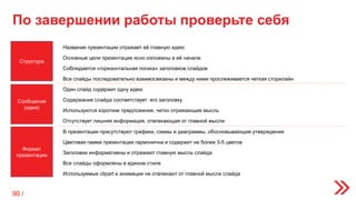По завершении работы проверьте себя
Формат
презентации
Сообщение
(идея)
Структура
Все слайды последовательно взаимосвязаны и между ними прослеживается четкая сторилайн
В презентации присутствуют графики, схемы и диаграммы, обосновывающие утверждения
Цветовая гамма презентации гармонична и содержит не более 3-5 цветов
Заголовки информативны и отражают главную мысль слайда
Все слайды оформлены в едином стиле
Используемые clipart и анимации не отвлекают от главной мысли слайда
Название презентации отражает её главную идею
Основные цели презентации ясно изложены в её начале
Соблюдается «горизонтальная логика» заголовков слайдов
Один слайд содержит одну идею
Содержание слайда соответствует его заголовку
Используются короткие предложения, четко отражающие мысль
Отсутствует лишняя информация, отвлекающая от главной мысли
90 /
 