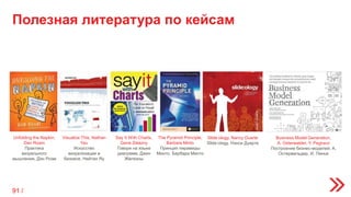 Полезная литература по кейсам
Unfolding the Napkin,
Dan Roam
Практика
визуального
мышления, Дэн Роэм
Visualize This, Nathan
Yau
Искусство
визуализации в
бизнесе, Нейтан Яу
Say It With Charts,
Gene Zelazny
Говори на языке
диаграмм, Джин
Желязны
The Pyramid Principle,
Barbara Minto
Принцип пирамиды
Минто, Барбара Минто
Business Model Generation,
A. Osterwalder, Y. Pegneur
Построение бизнес-моделей, А.
Остервальдер, И. Пинье
Slide:ology, Nancy Duarte
Slide:ology, Нэнси Дуарте
91 /
 