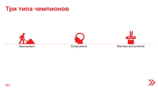 Три типа чемпионов
Hard-workers Супер-умные Мастера выступлений
95 /
 