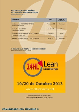 OUTROS EVENTOS NO DOMÍNIO
DA FORMAÇÃO, TREINO E COACHING
[Primeiro Semestre de 2013]



 Designação                                                          Data        Local ou
                                                                                modalidade


 Web seminar "A FACTORY OF ONE”                                  Fevereiro 04   elearning
 Por Daniel Marcovitz

 Workshop Ciclo PDCA                                              Janeiro 15      Lisboa
 Por Eng Pedro Salvada

 Workshop RAPID IMPROVEMENT EVENTS                                Março 05        Porto
 Por Eng João Paulo Pinto

 MBA em GESTÃO DE SERVIÇOS (150 horas)                             Maio 20      elearning




O DESAFIO LEAN TOTAL, 24 HORAS NON-STOP!
Várias equipas, vários desafios a vencer…




                                 Um projecto realizado em parceria com a
                              Revista Logística Moderna na cidade de Lisboa.
 