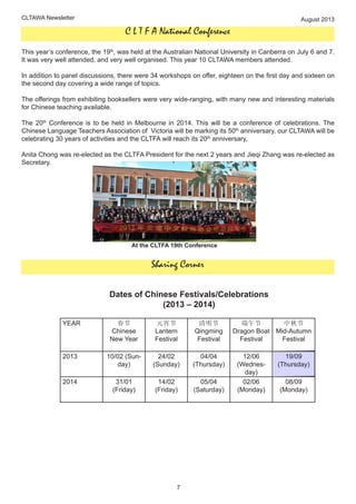 CLTAWA Newsletter August 2013
7
Sharing Corner
YEAR 春节
Chinese
New Year
元宵节
Lantern
Festival
清明节
Qingming
Festival
端午节
Dragon Boat
Festival
中秋节
Mid-Autumn
Festival
2013 10/02 (Sun-
day)
24/02
(Sunday)
04/04
(Thursday)
12/06
(Wednes-
day)
19/09
(Thursday)
2014 31/01
(Friday)
14/02
(Friday)
05/04
(Saturday)
02/06
(Monday)
08/09
(Monday)
Dates of Chinese Festivals/Celebrations
(2013 – 2014)
C L T F A National Conference
This year’s conference, the 19th
, was held at the Australian National University in Canberra on July 6 and 7.
It was very well attended, and very well organised. This year 10 CLTAWA members attended.
In addition to panel discussions, there were 34 workshops on offer, eighteen on the first day and sixteen on
the second day covering a wide range of topics.
The offerings from exhibiting booksellers were very wide-ranging, with many new and interesting materials
for Chinese teaching available.
The 20th
Conference is to be held in Melbourne in 2014. This will be a conference of celebrations. The
Chinese Language Teachers Association of Victoria will be marking its 50th
anniversary, our CLTAWA will be
celebrating 30 years of activities and the CLTFA will reach its 20th
anniversary,
Anita Chong was re-elected as the CLTFA President for the next 2 years and Jieqi Zhang was re-elected as
Secretary.
At the CLTFA 19th Conference
 