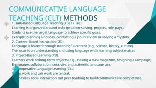 COMMUNICATIVE LANGUAGE
TEACHING (CLT) METHODS
1. Task-Based Language Teaching (TBLT / TBL)
Learning is organized around tasks (problem-solving, projects, role-plays).
Students use the target language to achieve specific goals.
Example: planning a holiday, conducting a job interview, or solving a mystery.
2. Content-Based Instruction (CBI)
Language is learned through meaningful content (e.g., science, history, culture).
The focus is on understanding and using language while learning subject matter.
3. Project-Based Learning (PBL)
Learners work on long-term projects (e.g., making a class magazine, designing a campaign).
Encourages collaboration, creativity, and authentic language use.
4. Cooperative Language Learning (CLL)
Group work and pair work are central.
Emphasizes social interaction and peer teaching to build communicative competence.
 